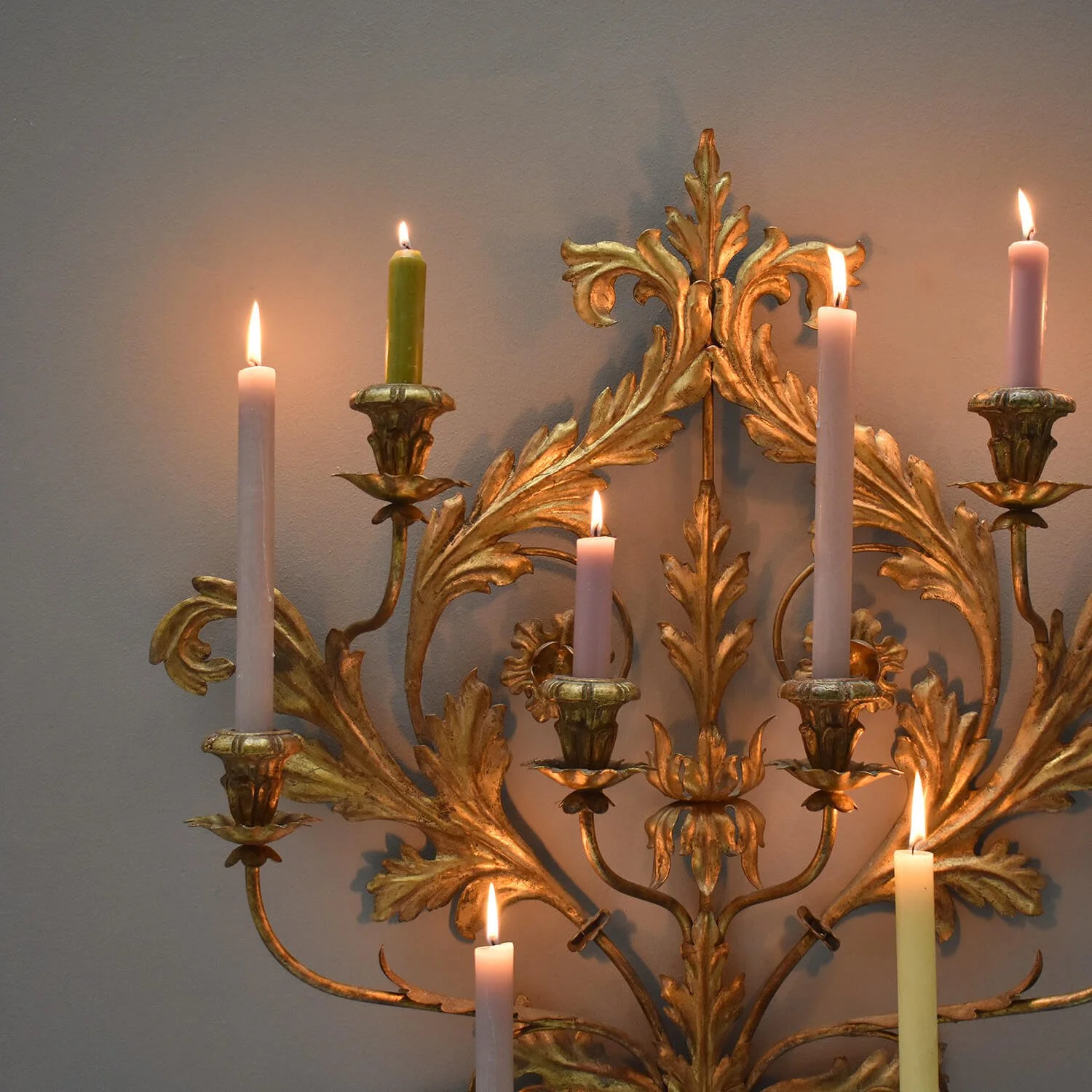 close up Large Mid Century Italian Gilt Wall Sconce By Palladio hutt decor