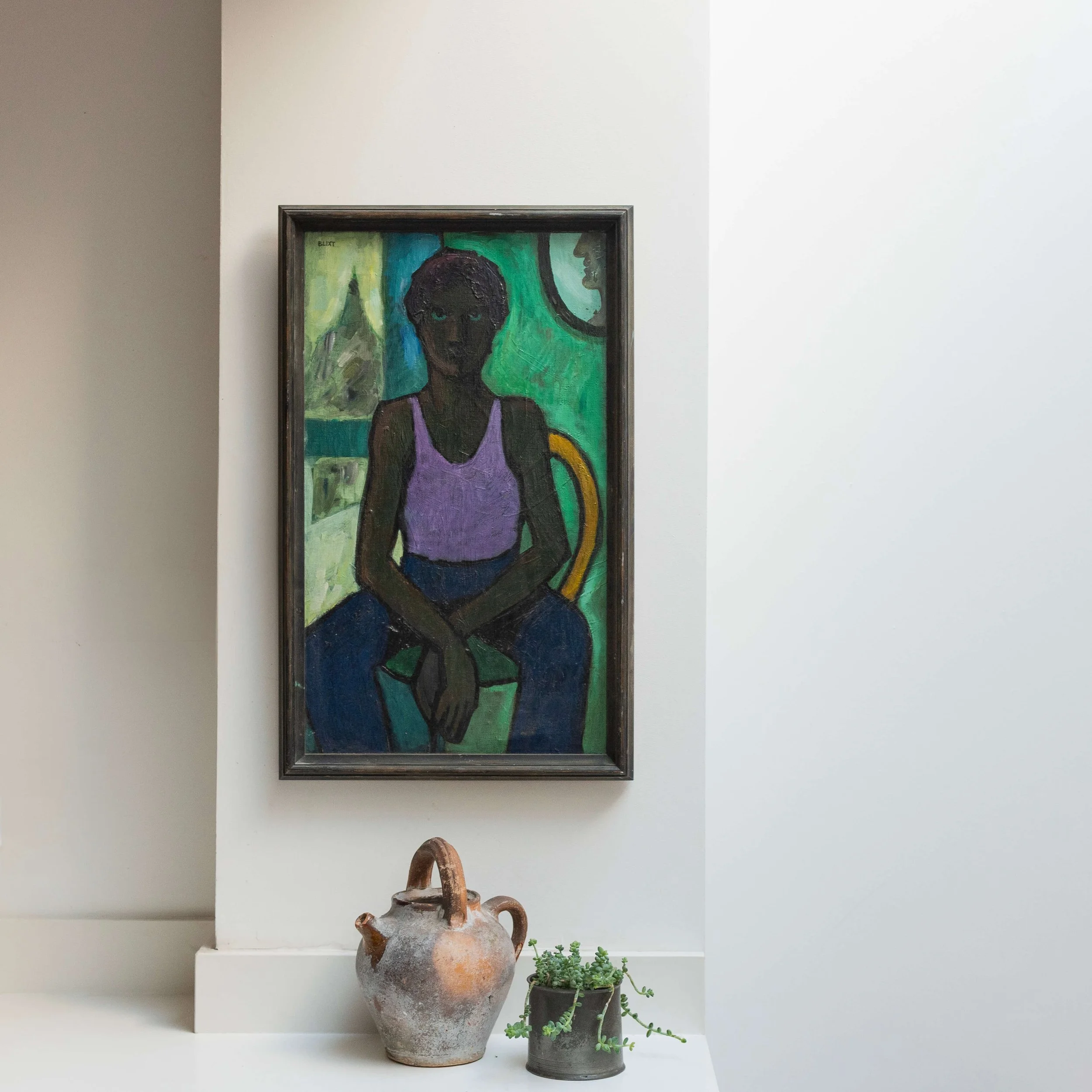 plant with Seated Male Figure Modernist Oil Portrait Painting by Jan Blix