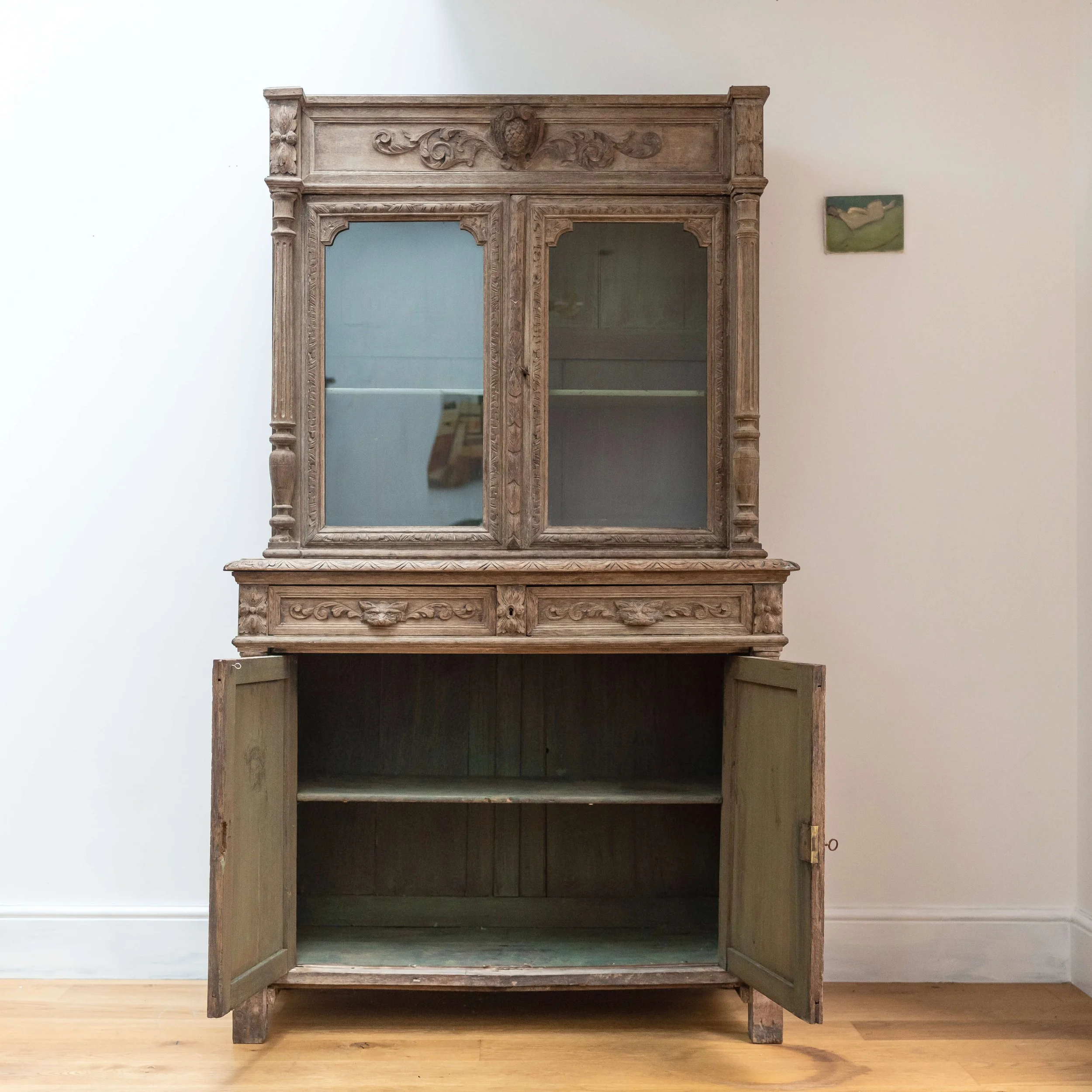 doors open 19th Century antique Oak Hunting Cabinet hutt decor