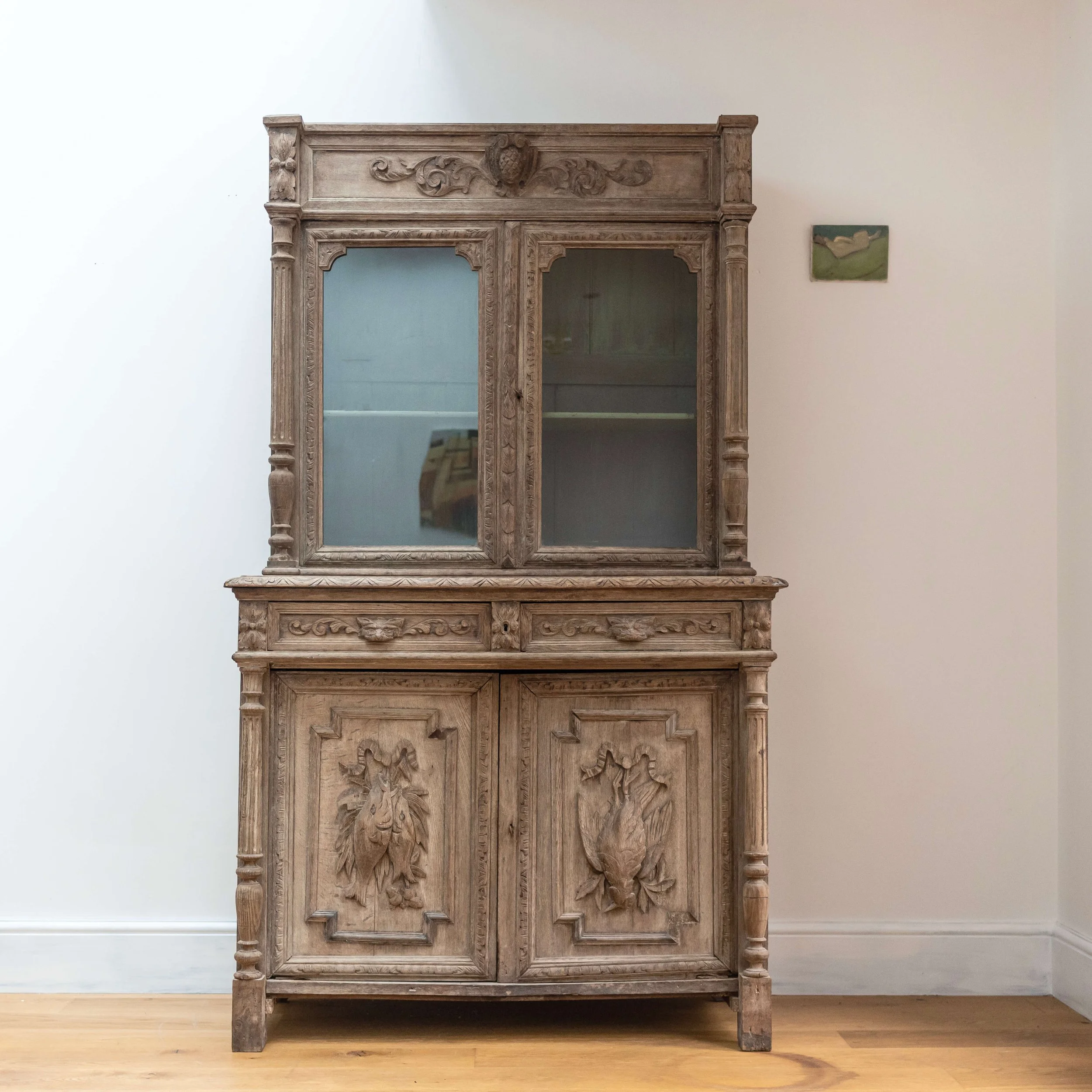 19th Century antique Oak Hunting Cabinet hutt decor