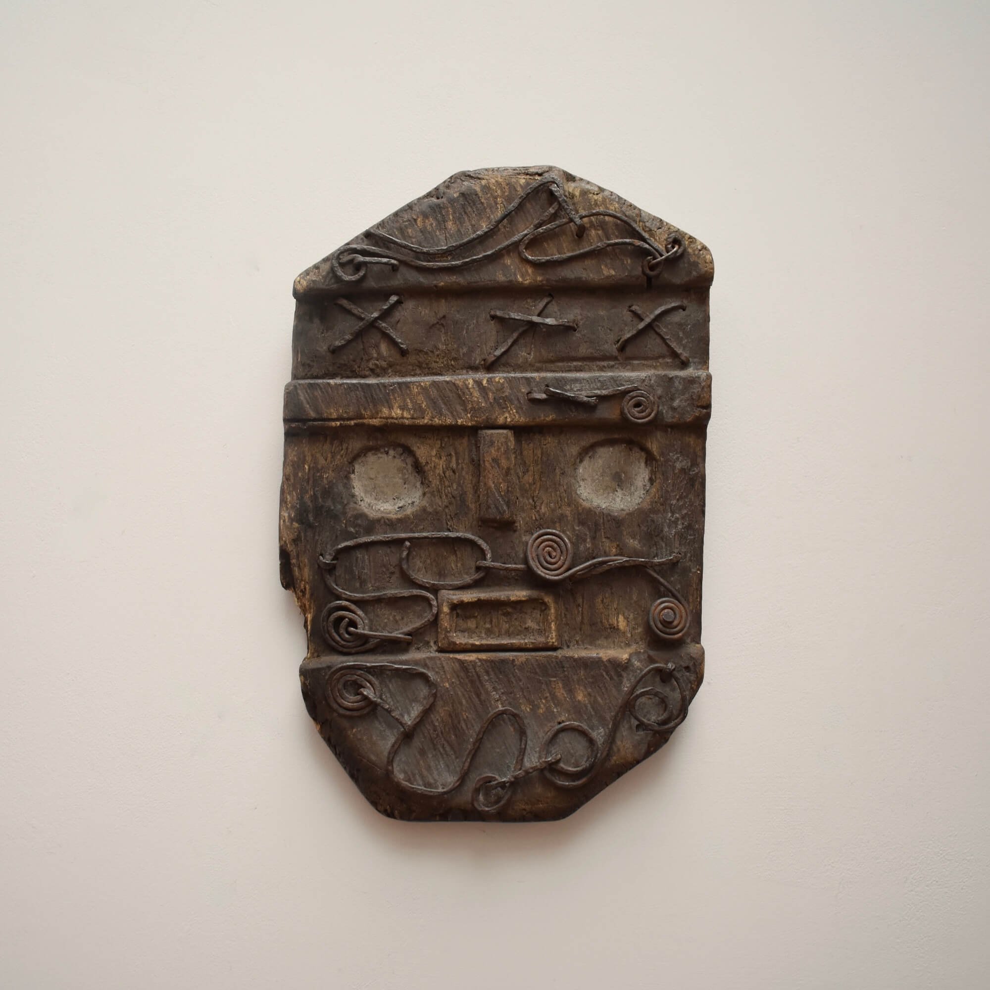 Hand-Carved Wooden Panel with Ironwork – 20th Century Artisanal Piece