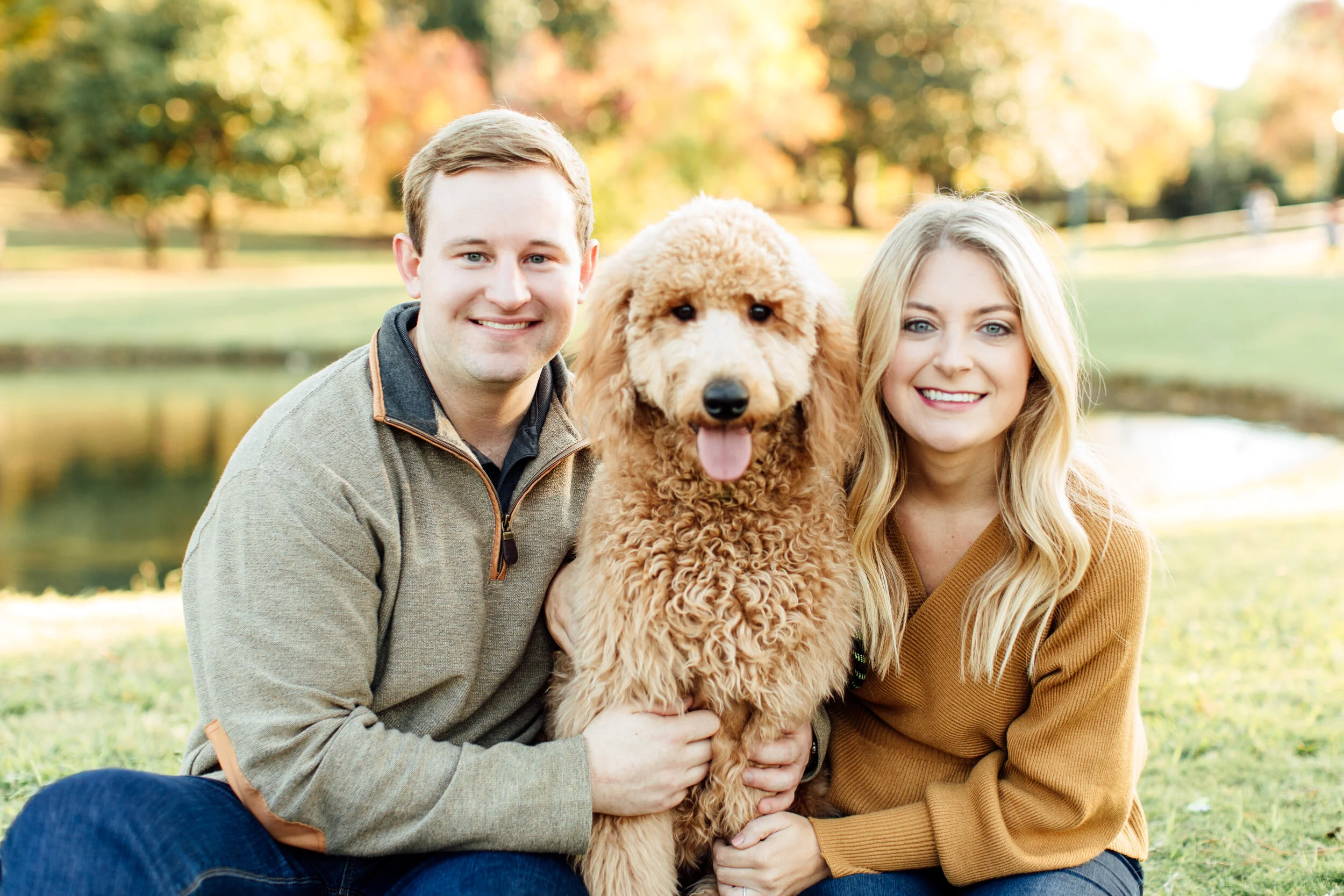 John and Heather's Park Engagement Session with their Goldendoodle | Avondale Park | Birmingham, AL