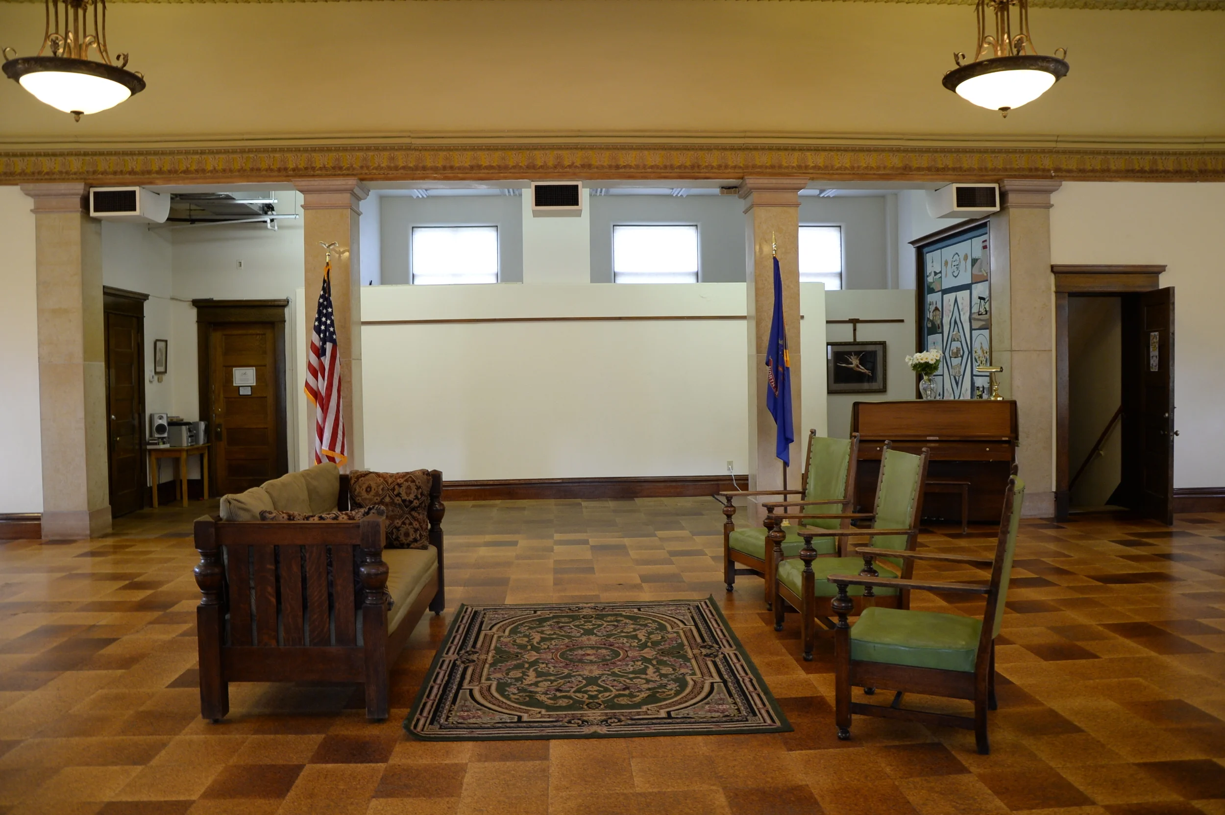 Re-surfacing of the main gallery floor, replacement flooring in damaged area by office, and new cork flooring in the kitchenette completed July 2015. Funding provided by Williston CVB grant.