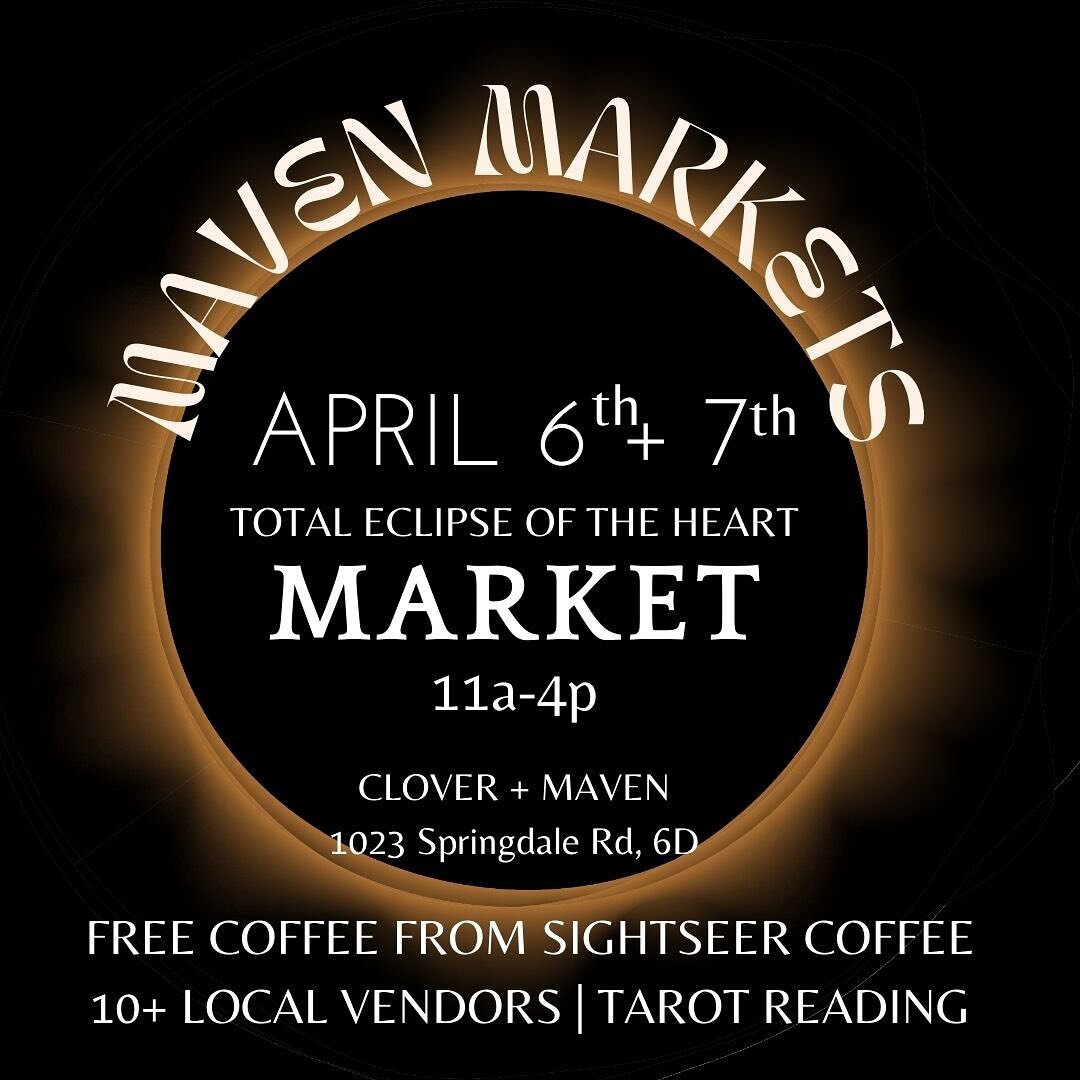 This weekend! Eclipse Market @cloverandmaven with 10 local art and vendors! 11-4pm both weekend days a mark your calendars 📆 FREE COFFEE ☕️ Tarot and community ✨ 
.
.
.
.
#springdalegeneral #cloverandmaven #atxmarket #austinmarket #austineclipse #at
