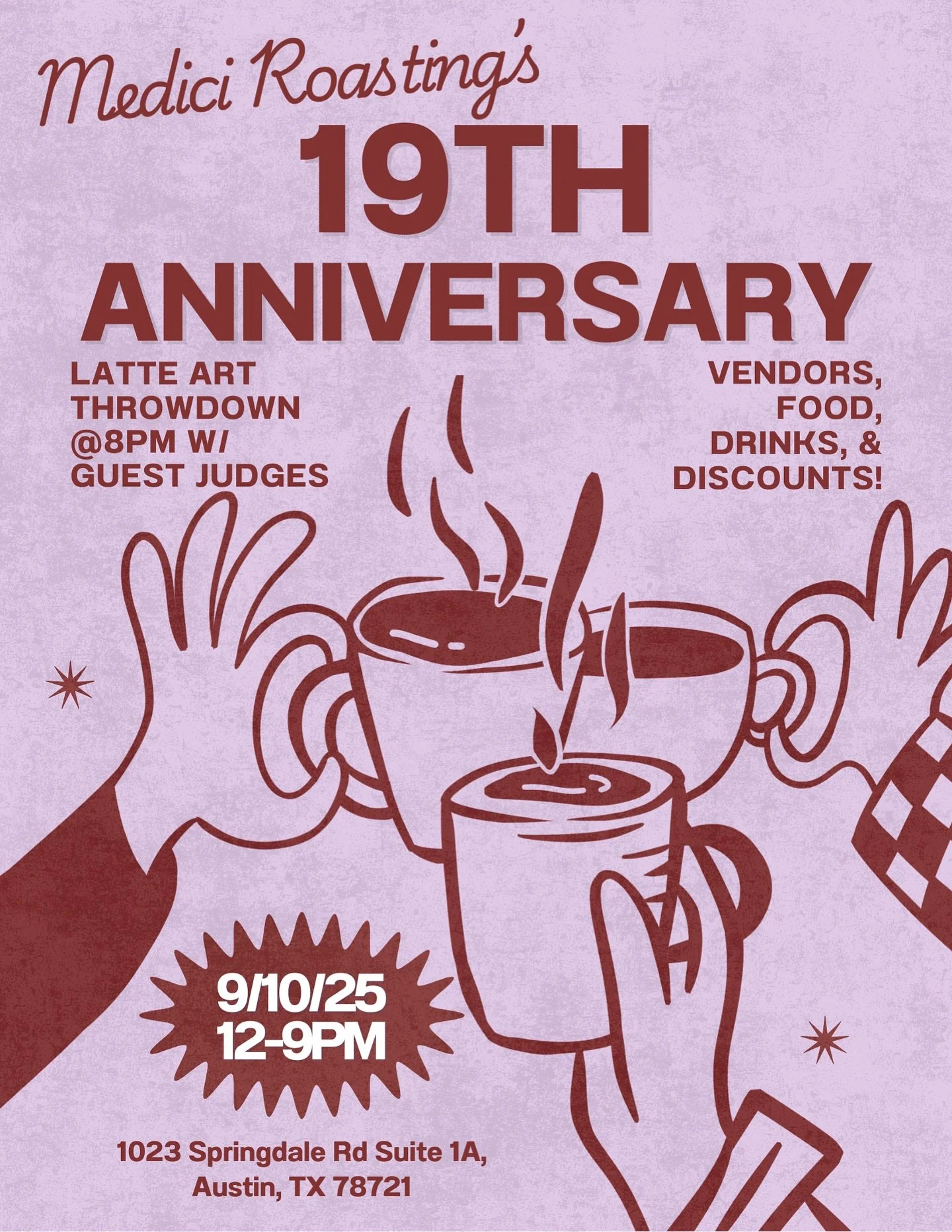 ✨ Celebrate local coffee and 19 years of @mediciroasting ✨ Join us on September 10th, 12&ndash;9PM at Springdale General - 1023 Springdale Rd. ☕️

Shop local vendors all day, explore the community, and stick around for a latte art throwdown to close 
