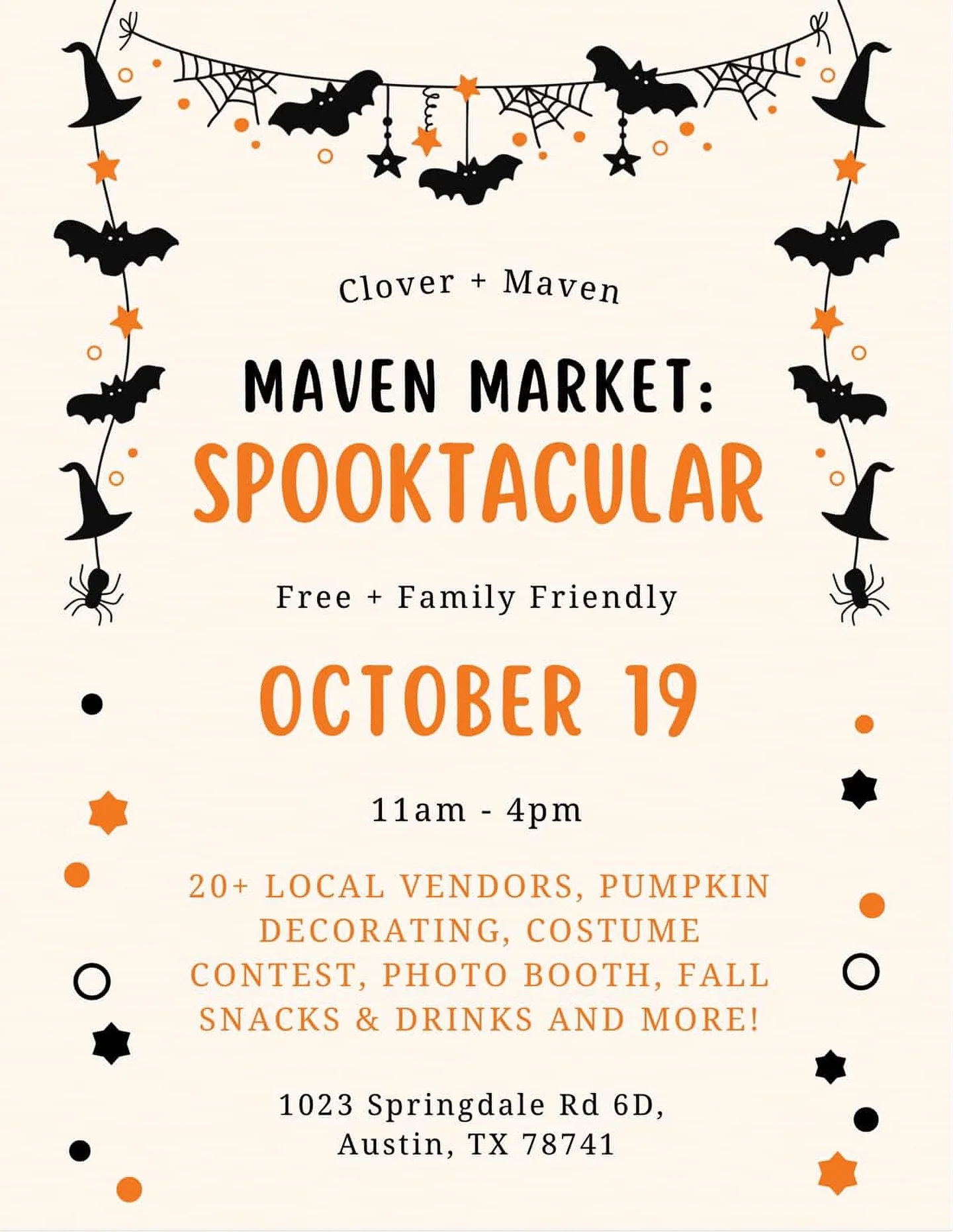 🎃🛍️ The Spooktacular Market is almost here at Clover + Maven! Kick off the holiday season with local art, handmade goods, and festive fun inside Austin&rsquo;s women-owned creative hub at Springdale General. ✨

📍 1023 Springdale Rd.
#SpringdaleGen