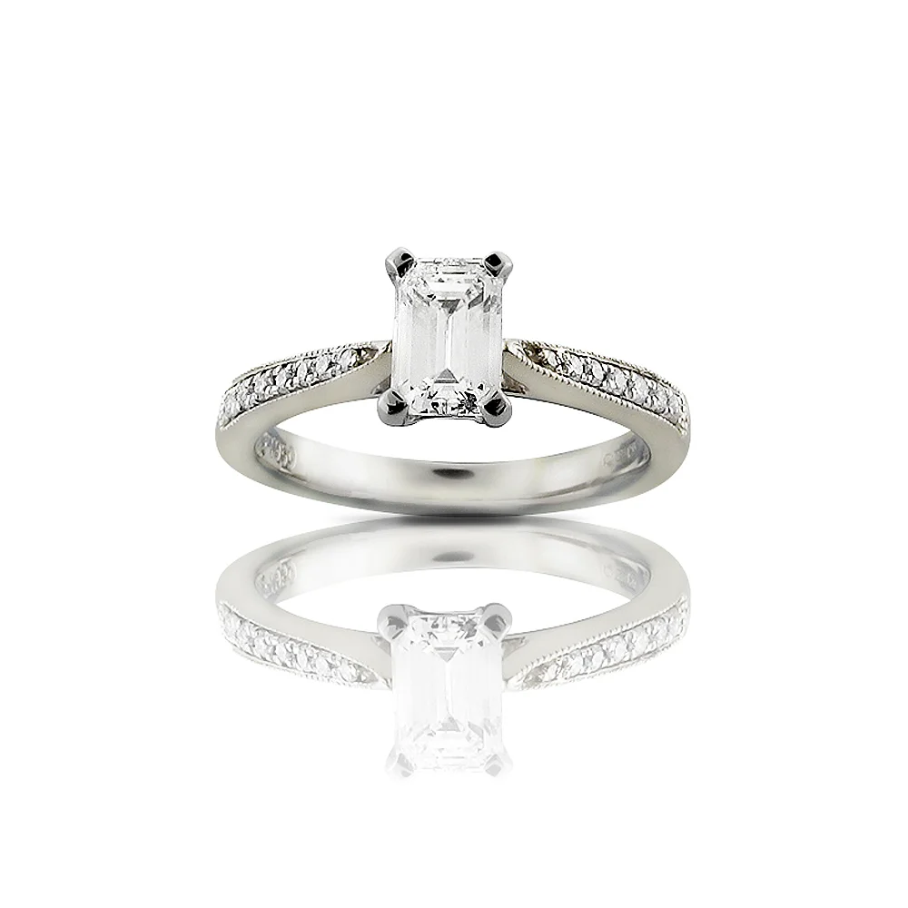 Emerald Cut Diamond Engagement Ring With Diamond Set Shoulders