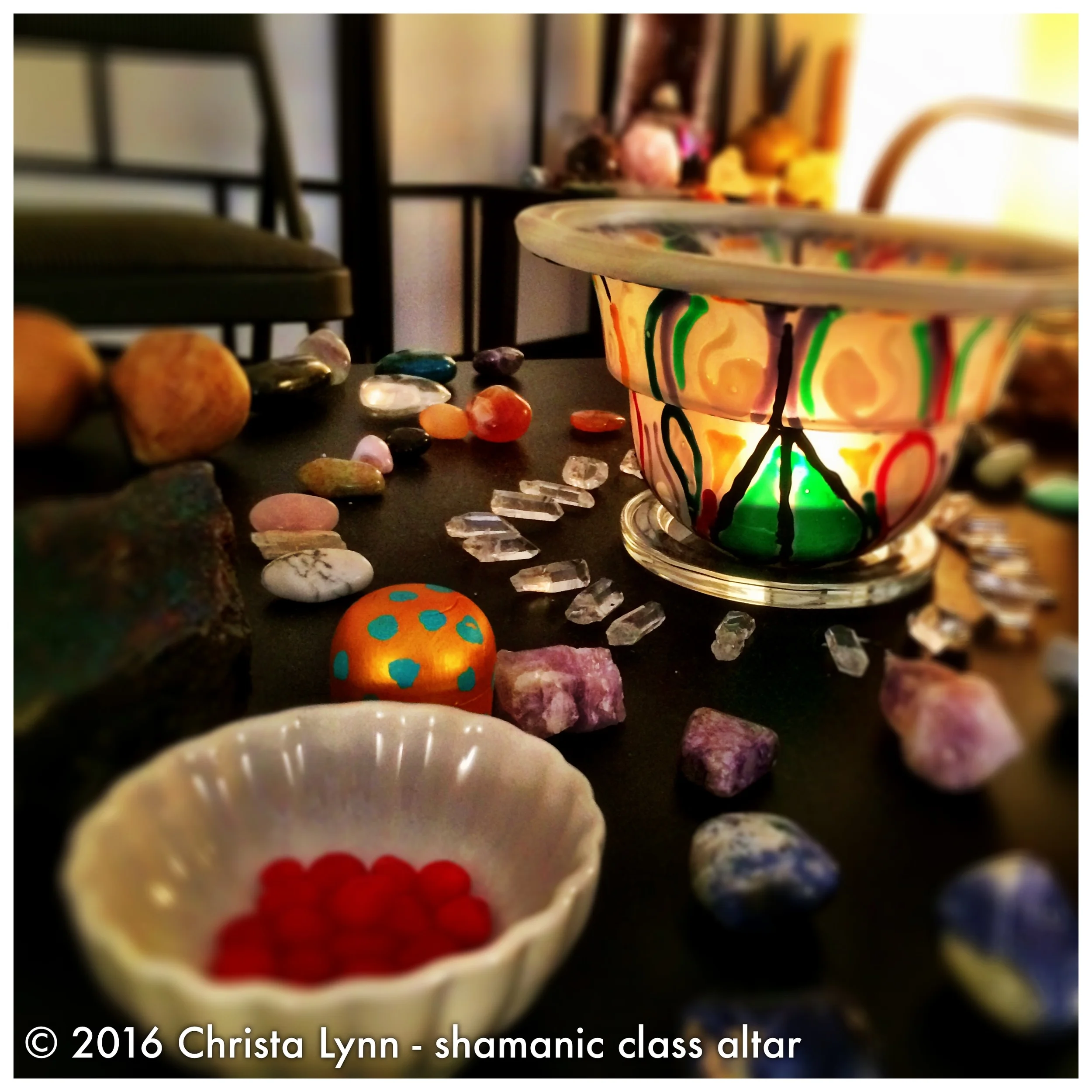  A closeup of our class altar from the Shamanic Journeying 2-day class with crystals, a candle and offering dish © 2015 Christa Lynn 