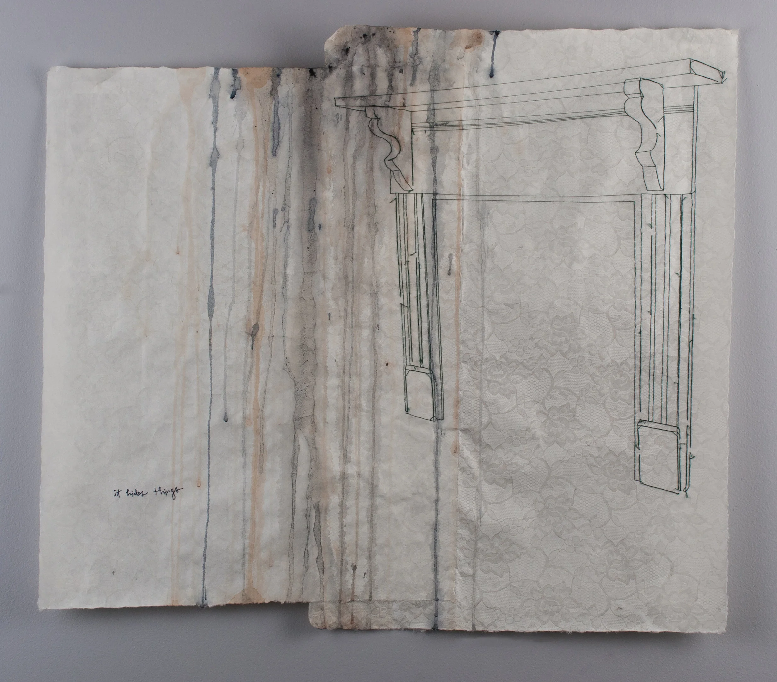 the frames are empty (it hides things) 2013 monoprint with embroidery, tea, and watercolor