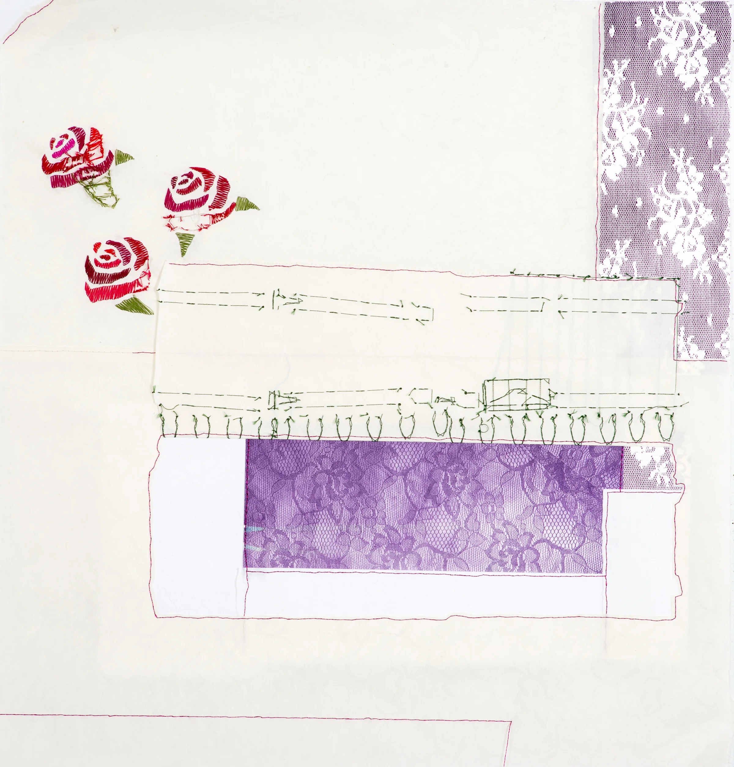 folding/revealing (fence) 2014 monotype with embroidery and handmade paper