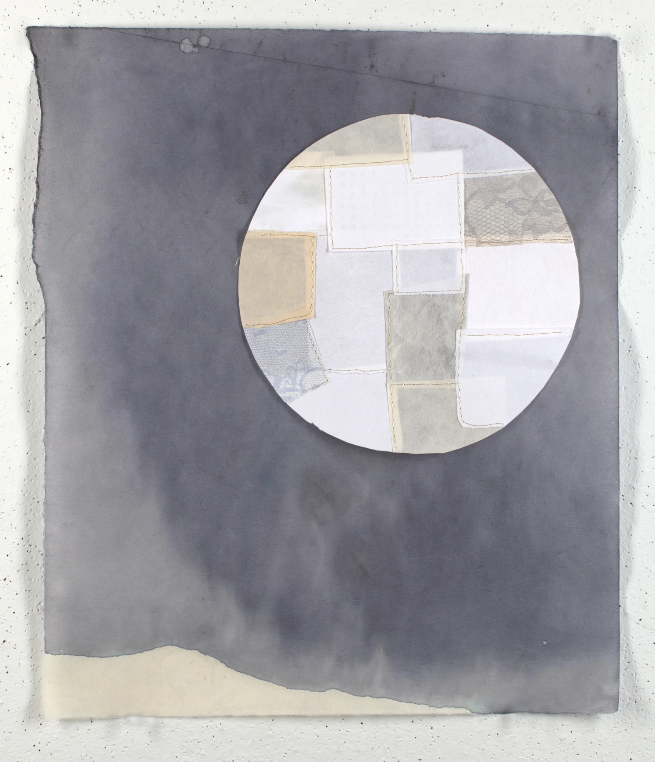 fixing the moon 2014 ink wash, embroidery, monoprint, & handmade paper