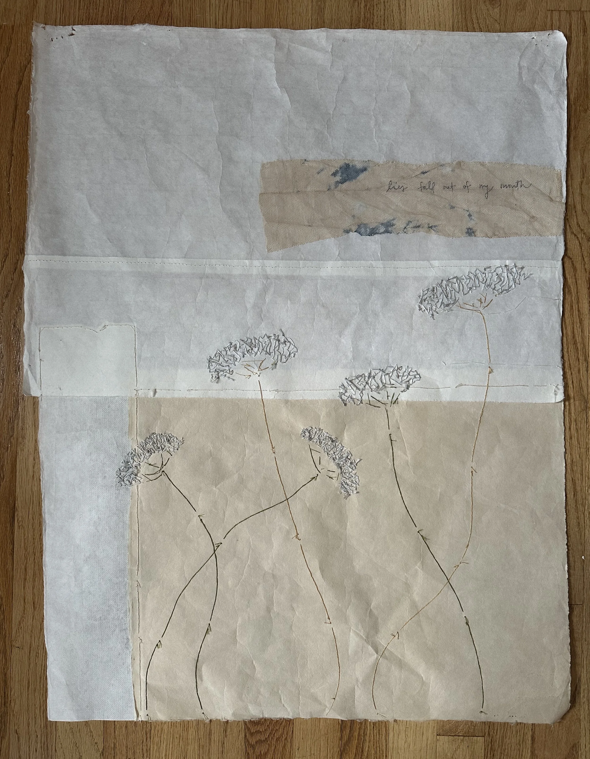 from the ground - hand embroidery, monoprint, and cyanotype on antique fabric and paper - available through the artist