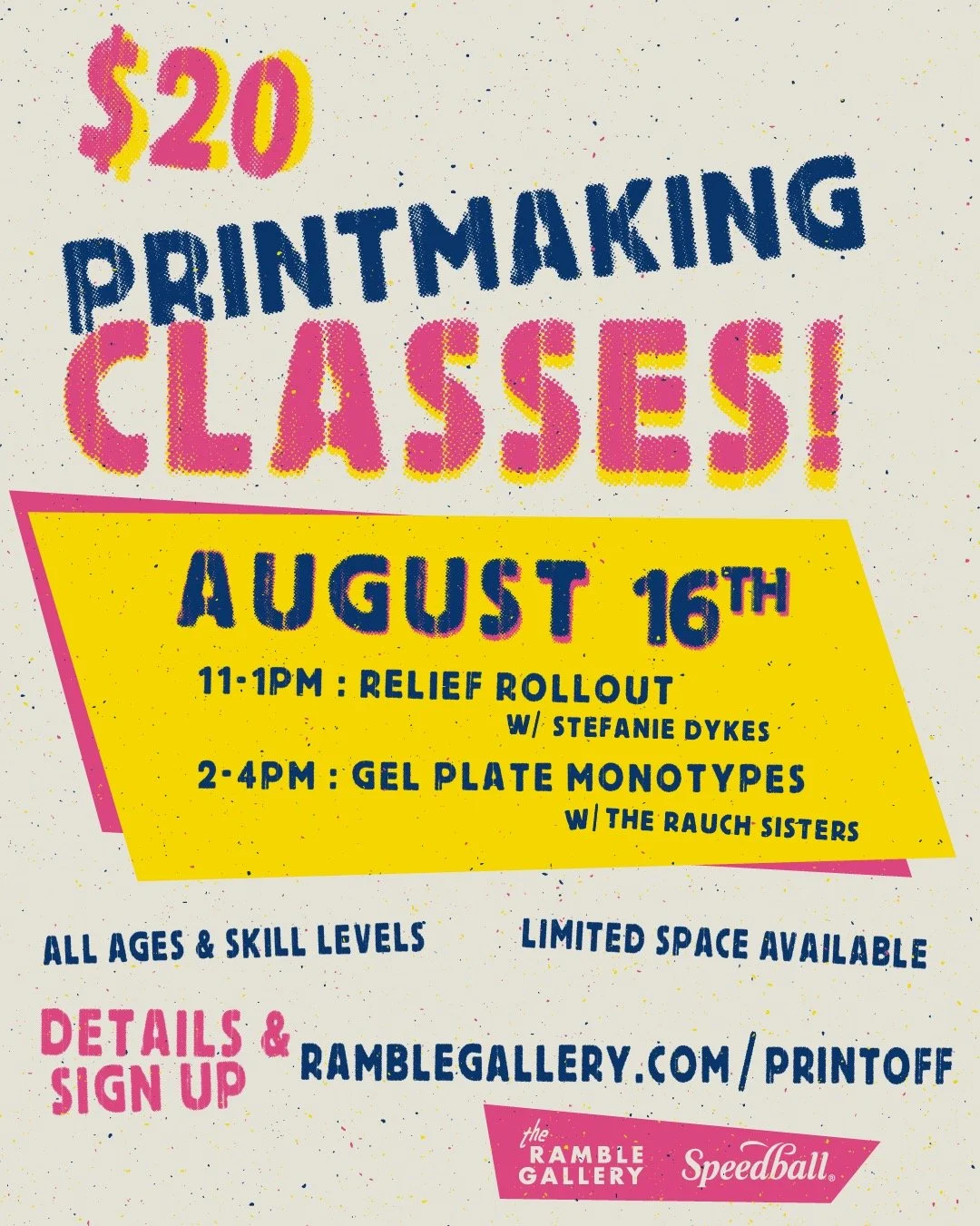 In conjunction with our Ramble Print-Off Fine Art Printmaking Celebration, we are hosting two classes for all ages &amp; skill levels on Saturday 8/16. Relief Rollout with Stefanie Dykes of @saltgrassprintmakers and Gel Plate Monotypes with @sherry_r
