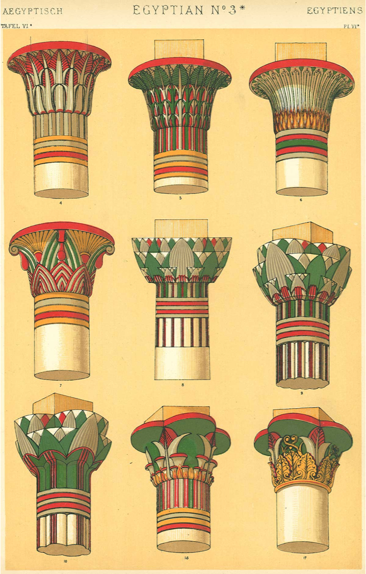 These plates are derived from various recensions of 19th century studies, such as the Denkmaeler aus Aegypten und Aethiopien by Karl Richard Lepsius and The Grammar of Ornament by Owen Jones. They allow us a glimpse into the multiplicity of Egyptian capital types, even when restricted only to the plantiform.