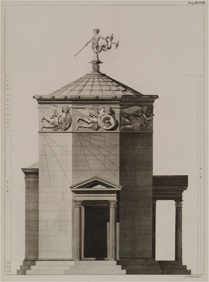 This is a far more familiar image of this building, from Stuart & Revetts's The Antiquities of Athens , showing the building as restored. The porticoes were interpolated from traces on the body of the building and architectural fragments found in the vicinity of the monument.