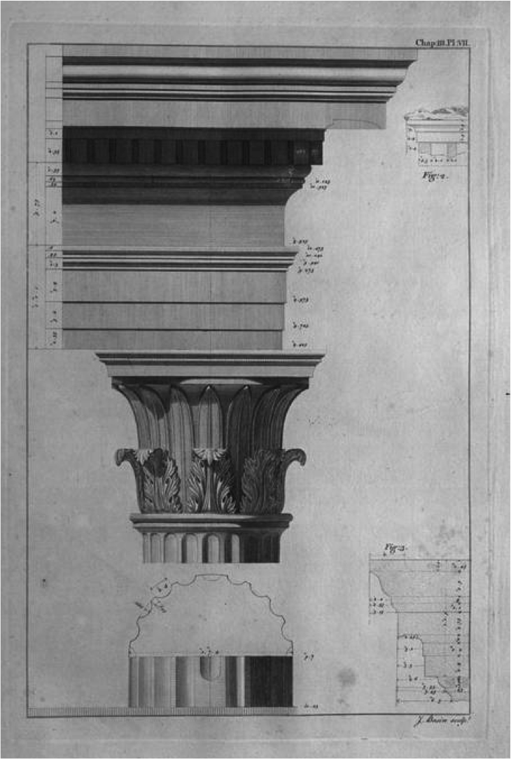This image shows the Capital of the porches in relation to its Entablature and Shaft. This plate would have a huge influence on American architecture in the late eighteenth and early nineteenth centuries, especially in the South. As a result, today we call this capital type the Tower of the Winds Order.