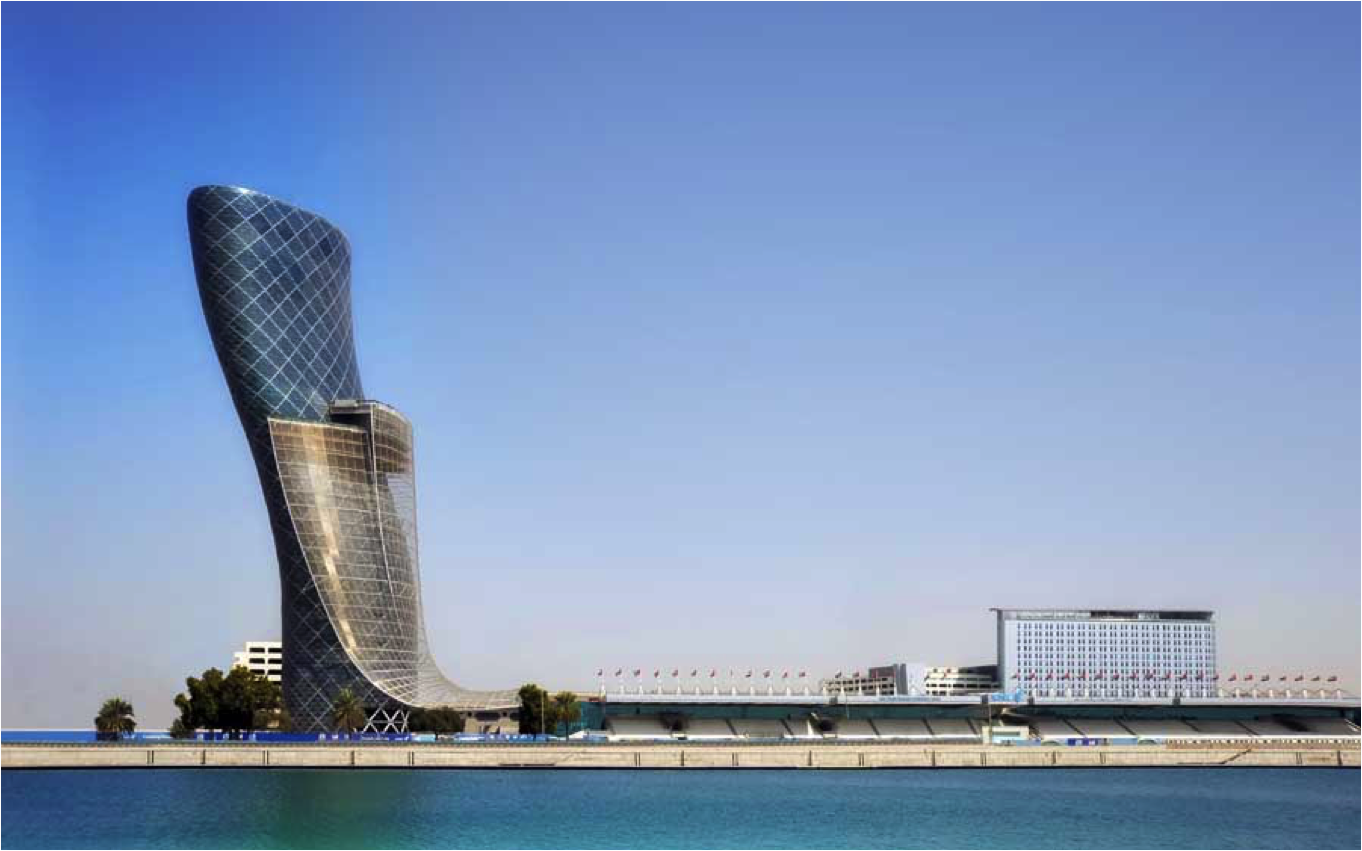So, what can this contemporary project, the Capital Gate Tower in Abu Dhabi contribute to the issue of Ornament, Motif, and meaning? At the very least, it strongly indicates that Robert Venturi was onto something important when he broadly categorized architectural forms into "Decorated sheds," or "Ducks" ( Learning From Los Vegas , 1972/1977). We need not unconditionally embrace the whole of his theory if we observe that the Capital Gate Tower is a "duck" of a striking sort. While eschewing traditionally recognizable surface ornament, it itself is One Massive Piece of Ornament.