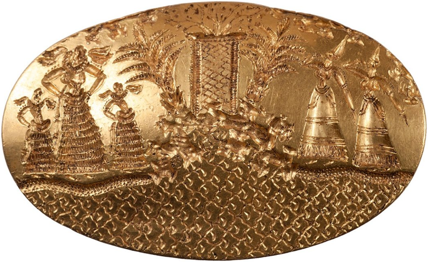 This gold signet ring, one of four recently discovered in Greece, near Nestor's Pylos, in a miraculously undisturbed tomb as a part of a burial of a wealthy Bronze Age Warrior, returns us to the world of the Minoans. Minoan Crete, situated just across the sea from Egypt, traded with this most venerable Ancient Nile Civilization for the many centuries of the existence of the Minoan Sea Empire, from its infancy through to its fiery end. While a culture long traveling its own distinct trajectory, the Minoans, and their immediate heirs, the Mycenaeans, could not but help to be drawn into the Egyptian cultural orbit, especially since the Egyptians had long attained their classic form while Crete was still emerging out of its Neolithic beginnings. Thus, the challenging task of unraveling the mystery of the Minoans, given the lack of a surviving literature, necessarily includes a looking south to Ancient Egypt. On this gold signet ring we see five elaborately dressed female figures, the three on the left apparently dancing, while the two on the right raise their right hands in a gesture of worship. Both groups stand on the seashore, facing a mountainous landscape atop of which stands a shrine framed by Palm Trees, out of which grows some sort of bush. Each element of this striking scene finds many parallels in surviving Minoan iconography. The two emphatically present Palm Trees are striking in their computational preeminence, and in their naturalism.