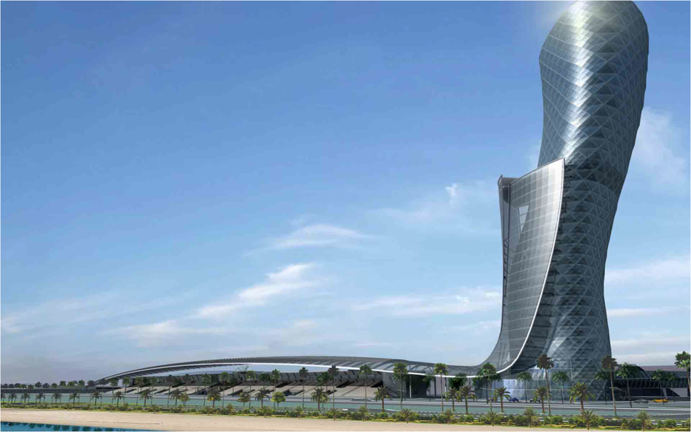 In the context of all the above, the wobbling Capital Gate Tower in Abu Dhabi speaks of a distinct take on an Architecture in its World. For the moment, let us enjoy in this image the line of palm trees, valiantly holding their own in the looming presence of this strange thing, which somehow stand while threatening to fall.