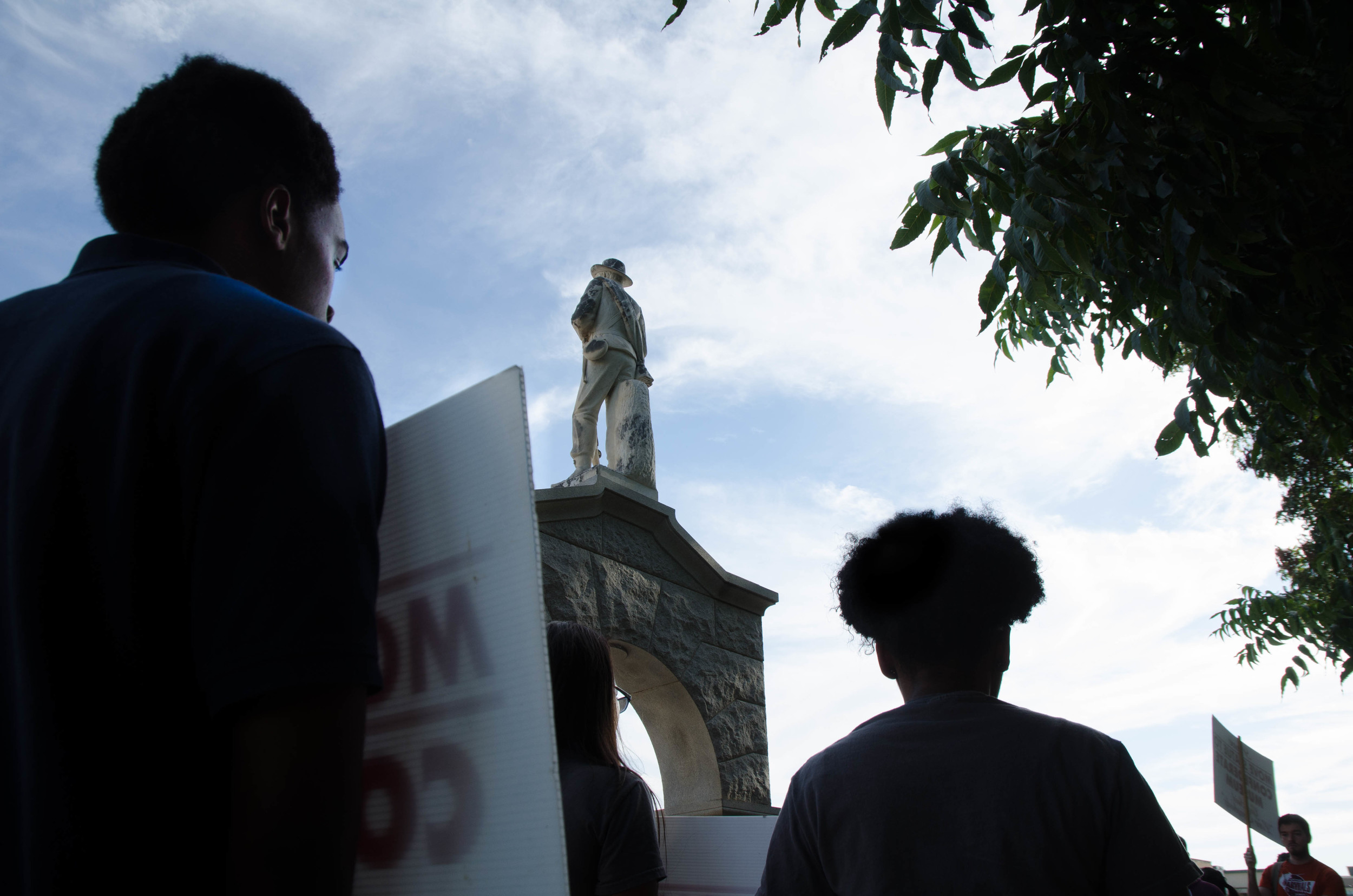   UNT students protest the confederate solider statue which sits outside that courthouse on the square in Denton, Texas.  