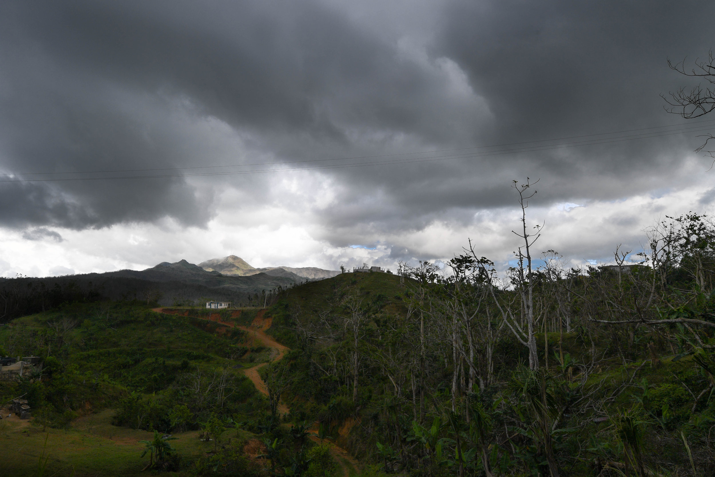  house sits on a hilltop along the damaged road to Jayuya. The bent and twisted trees are a sign of the sustained maximum wind speeds from Hurricane Maria, the strongest hurricane to hit Puerto Rico since 1928. 