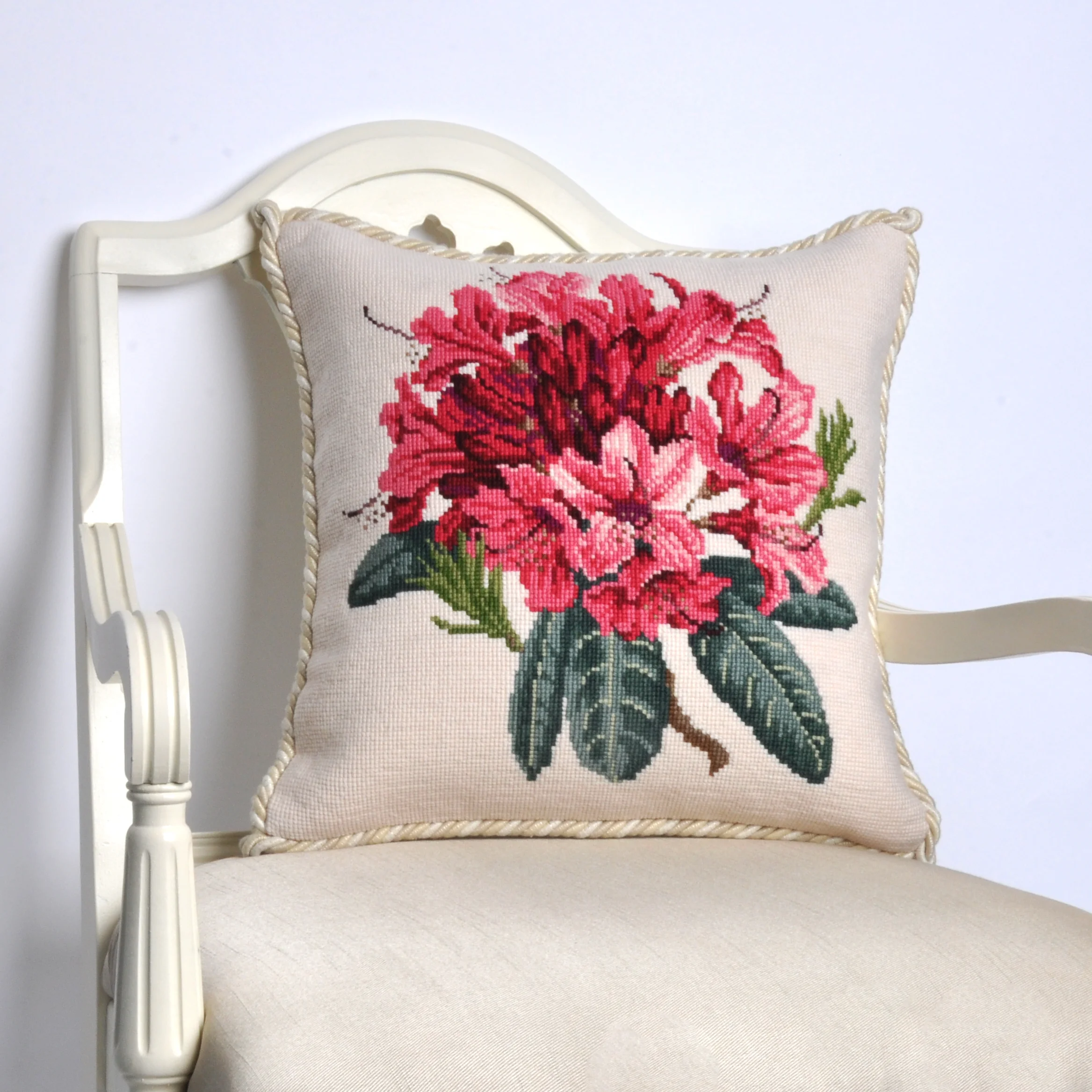  Queensgate Rhododendron needlepoint tapestry pillow - hand-stitched, museum quality accessories for unique interiors -