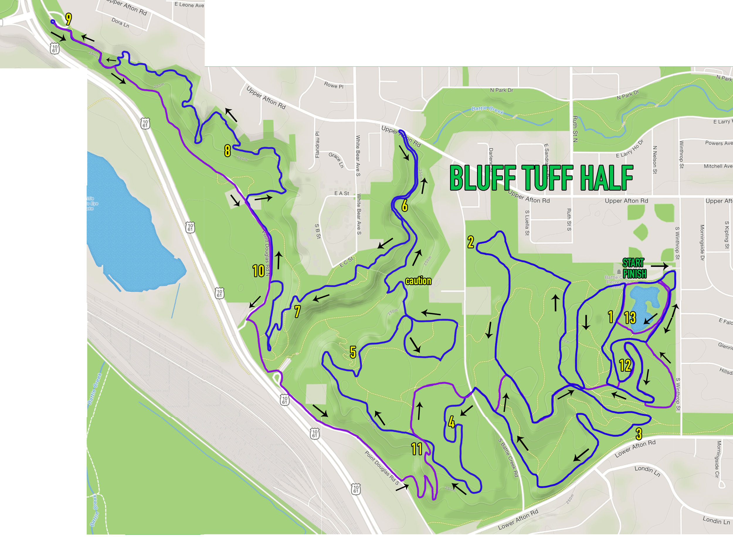 Half Marathon Course, the blue line indicates the "out" route to the far point on course. The purple shows the "return" route from the far point. See the following map for more detail.