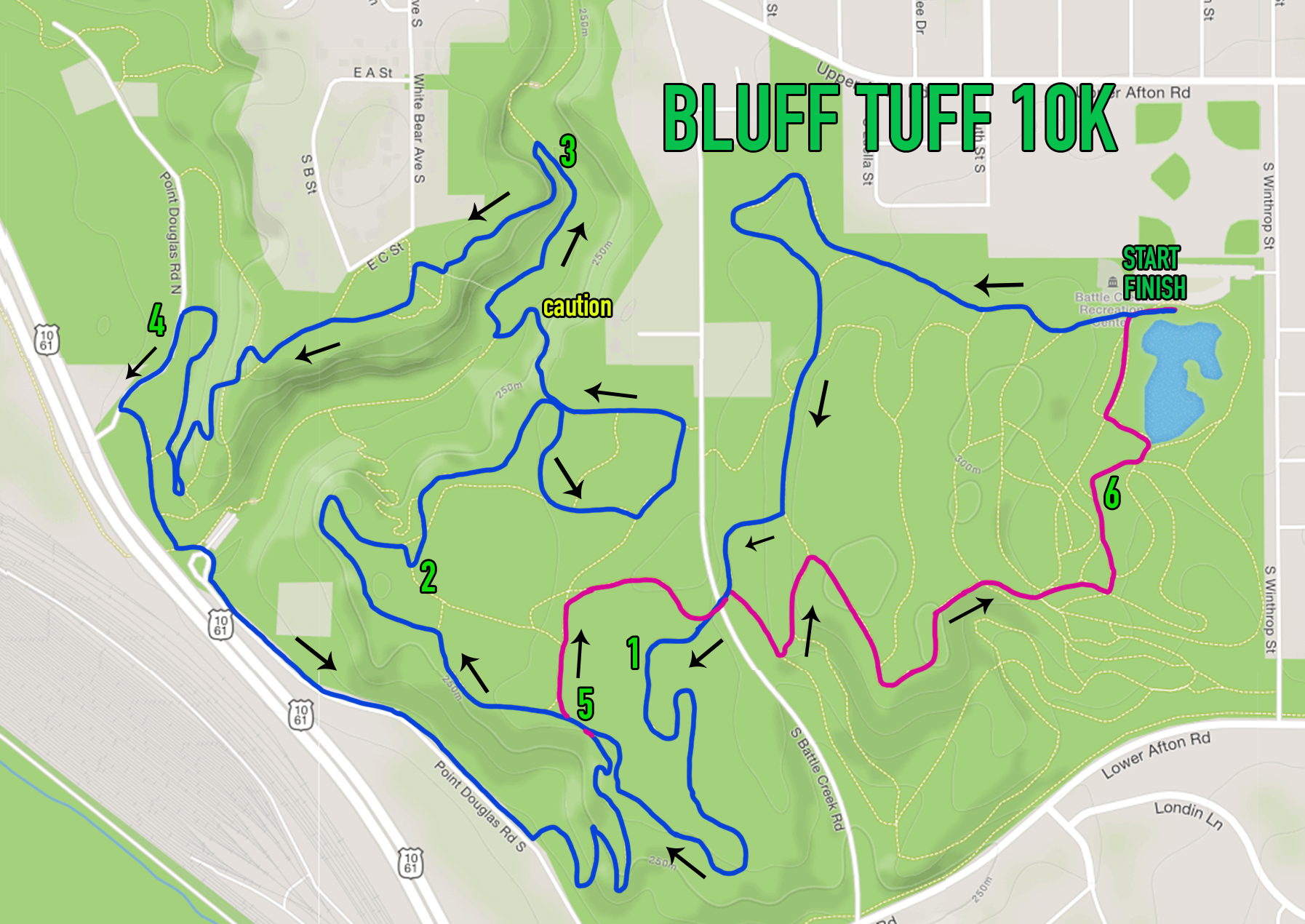 The Bluff Tuff 10k course. The "out" route to the far point on course is shown in Blue. The "return" route is shown in Purple.