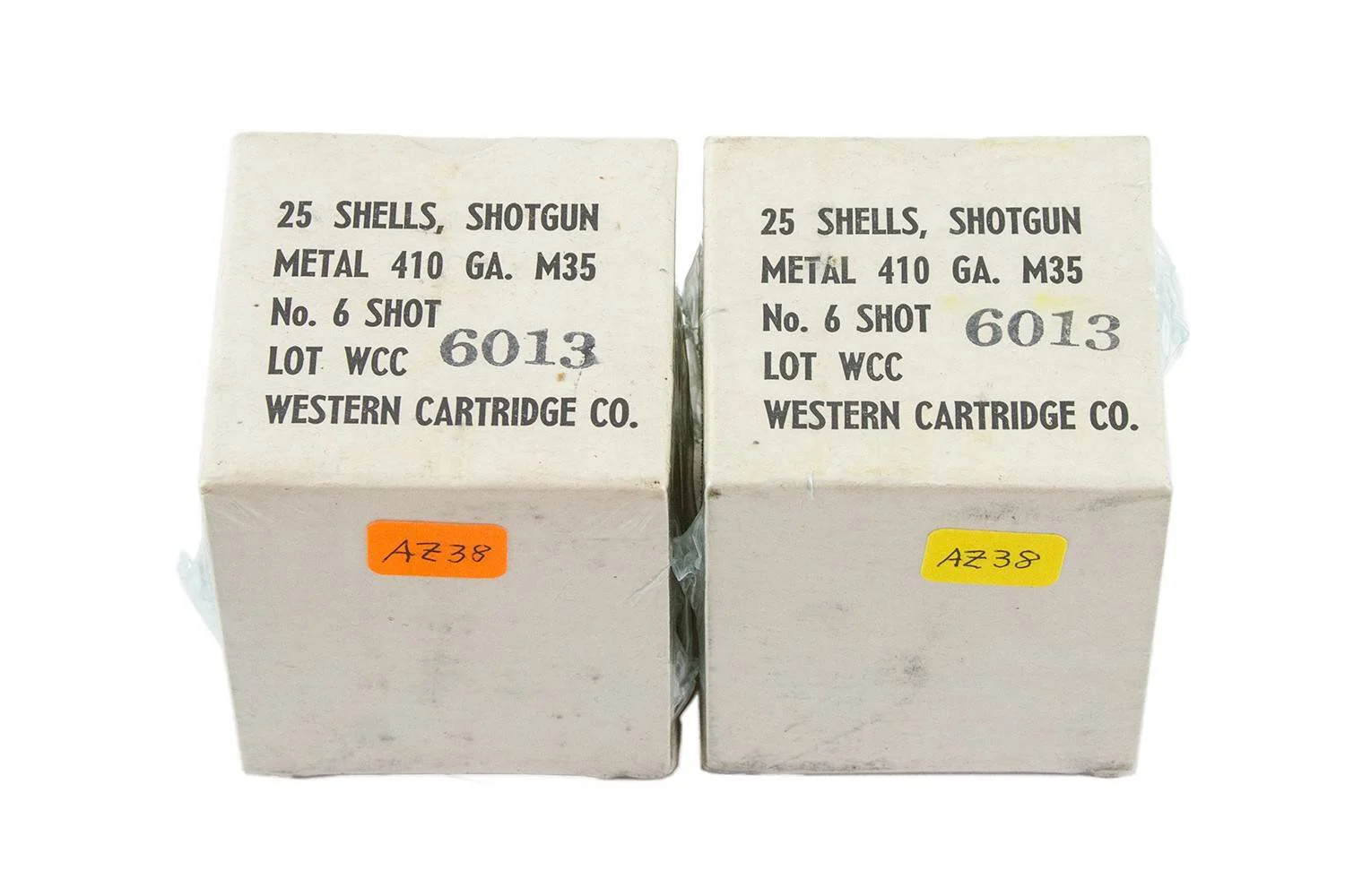 White Box, Says "25 Shells Shotgun, Metal 410 GA M35 No. 6 Shot, Lot WCC 6013, Western Cartridge Co."