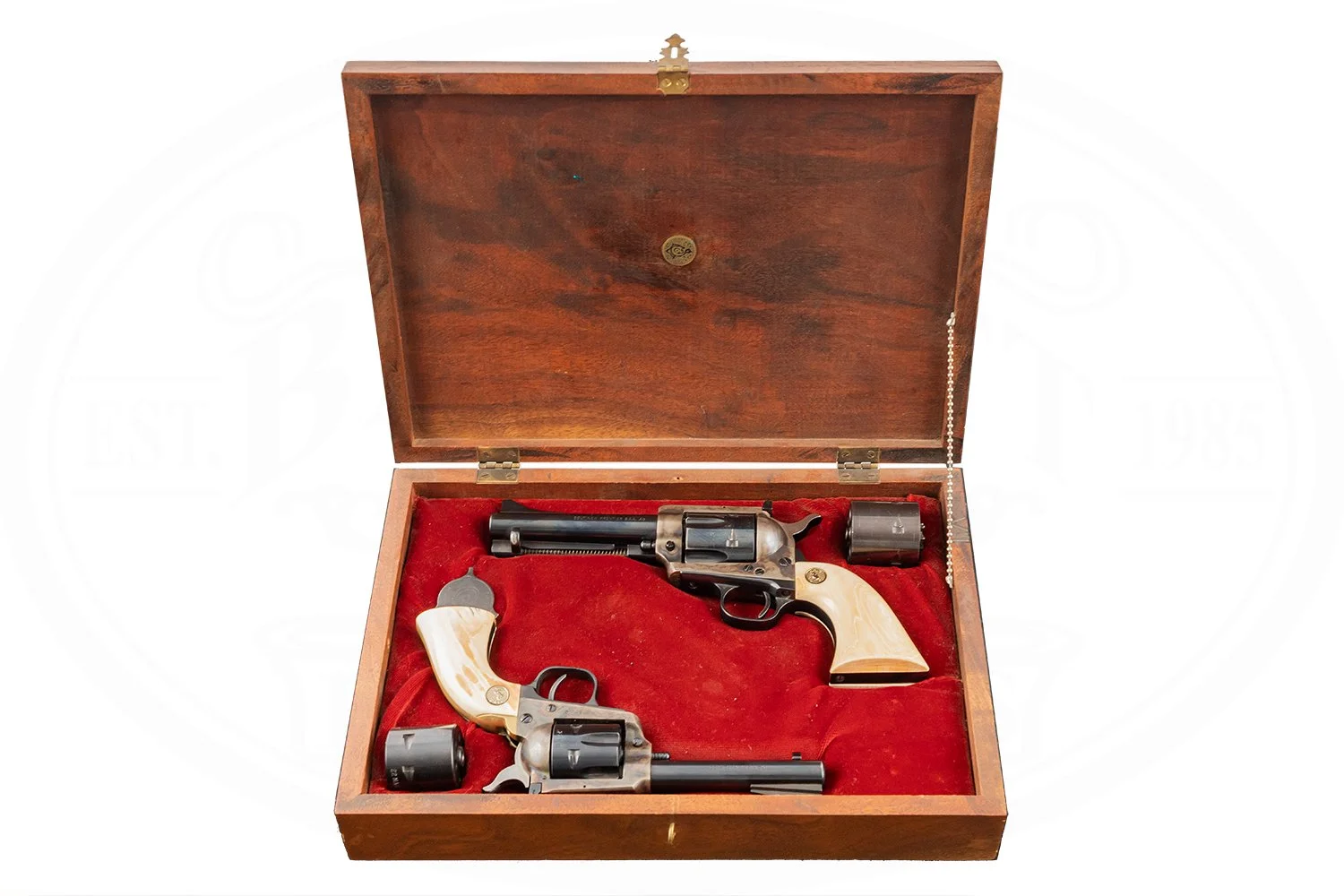 COLT NEW FRONTIER 22 LR WITH 22 MAG CYLINDER AND 2ND GEN NEW FRONTIER 45 LONG COLT WITH 45 ACP CYLINDER - CASED SET - COLT IVORY GRIPS