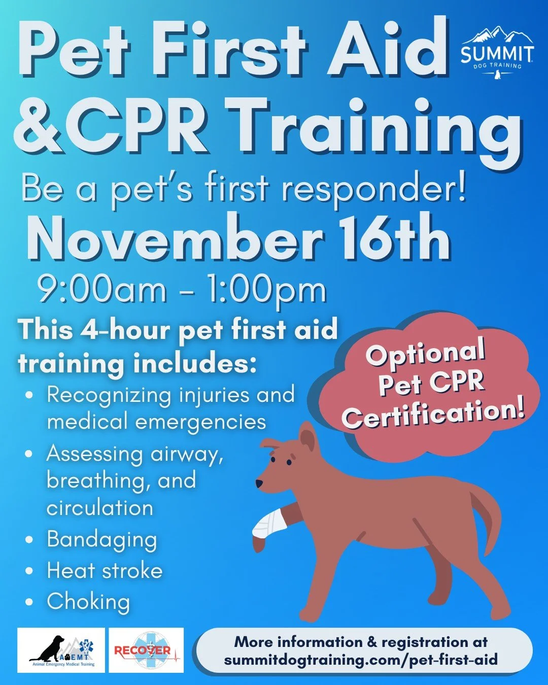 ❤️&zwj;🩹 Back by popular demand is the Pet First Aid &amp; CPR Training! Our friends at Animal Emergency Medical Training will be back on November 16th @ 9:00am - 1:00pm.
 
This workshop will cover topics like:
❤️&zwj;🩹 Recognizing injuries and med