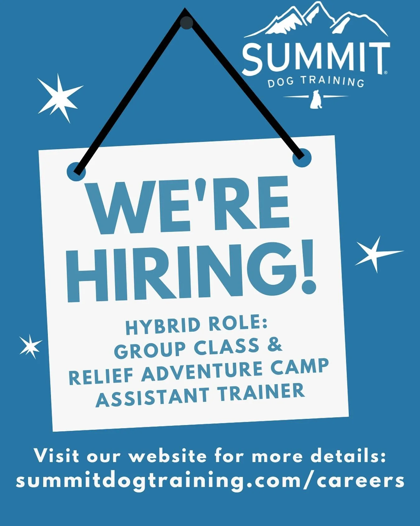 We&rsquo;re hiring!  We have a unique Hybrid Role available for a Group Class Assistant Trainer &amp; Relief Adventure Camp Assistant Trainer to join the Summit&reg; Dog Training team in Fort Collins, Colorado! 🐾

Find more information and how to ap