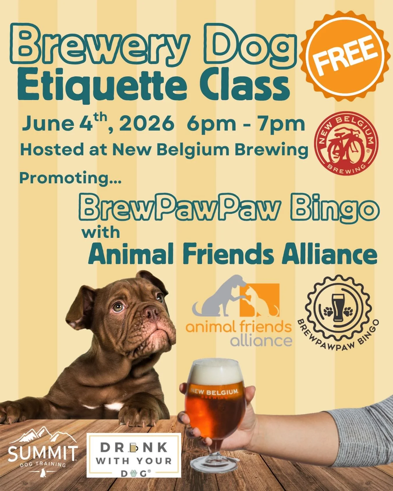 Leash up and join us for another round of Brewery Etiquette at @newbelgium_foco! This is a free sample of Summit&rsquo;s popular Brewery Manners class. 🍻 

Learn the foundations of essential skills for peaceful brewery visits with your dog, like rel