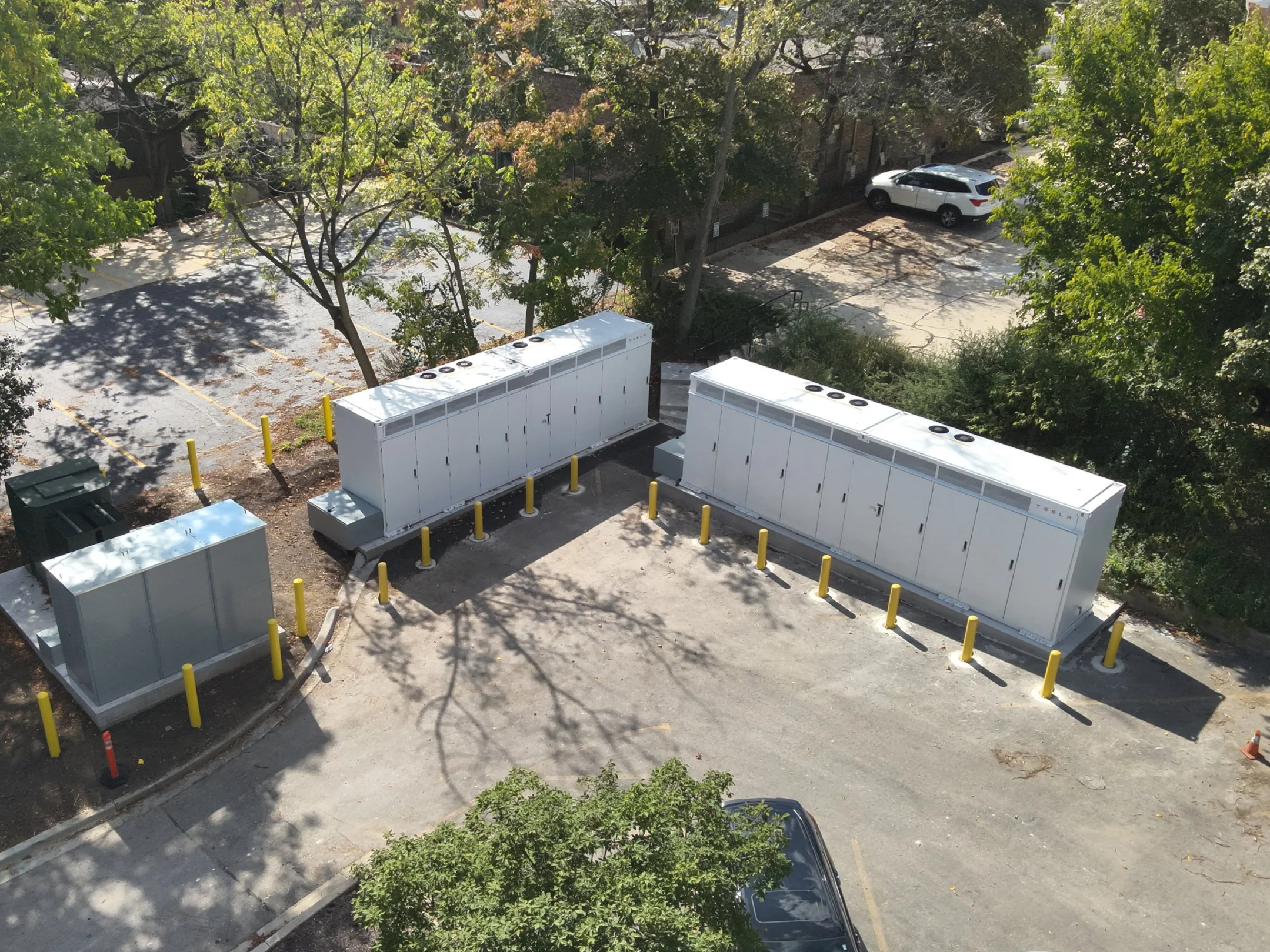 Two Tesla Megapack 2XL batteries at Wheaton College in Wheaton, Illinois