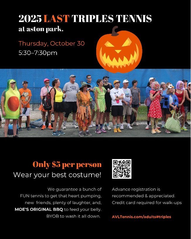 Reminder we have spooky Triples coming up this Thursday at Aston Park!  Sign up here: https://playtennis.usta.com/ashevilletennisassociation/Coaching/Session/4aebee96-6418-4d26-9e37-82ae8eb71c72