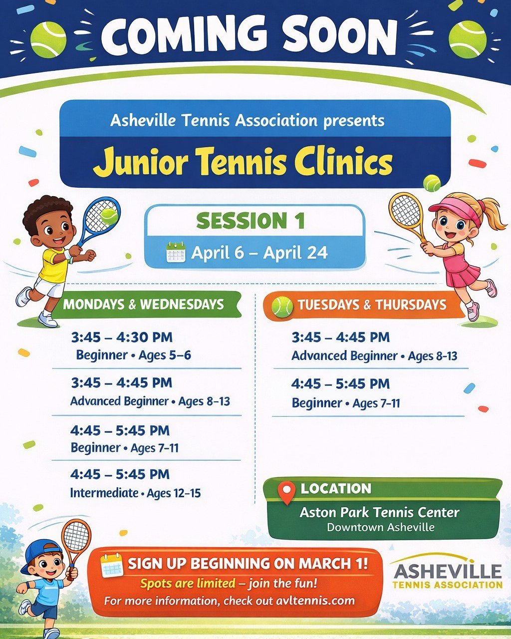 📣With the spring weather today we are thinking about TENNIS!  Spring kids programs will open up for registration on March 1 at 10am.  Mark your calendars and more details at https://www.avltennis.com/juniors