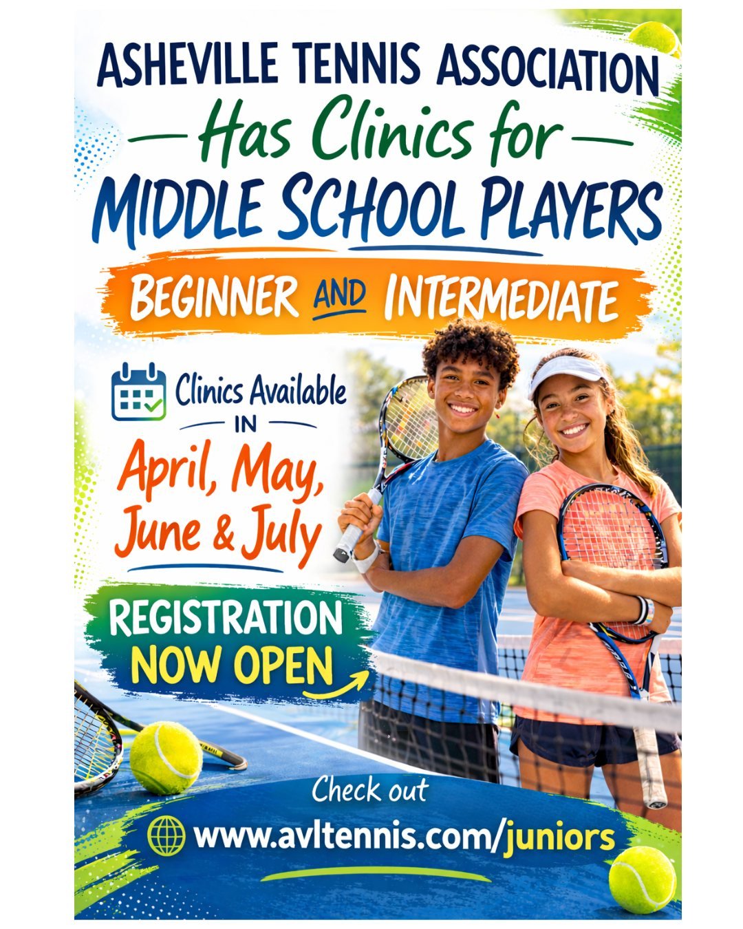 Are you a middle schooler who currently plays on your middle school team?  If so, this clinic is for YOU!  This clinic is capped at 12 players so register soon!
https://playtennis.usta.com/ashevilletennisassociation/Coaching/Course/bd4c2695-cf6b-4ad1