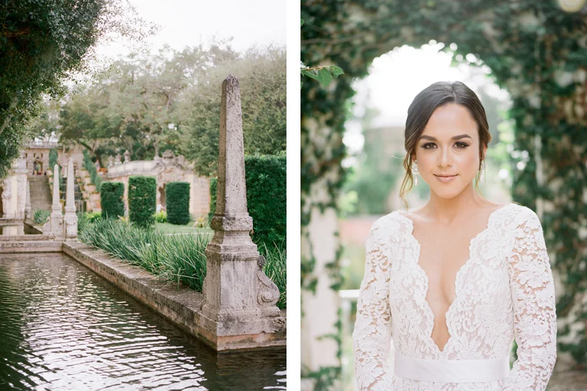 Bride in Oscar de la Renta wedding dress at Vizcaya