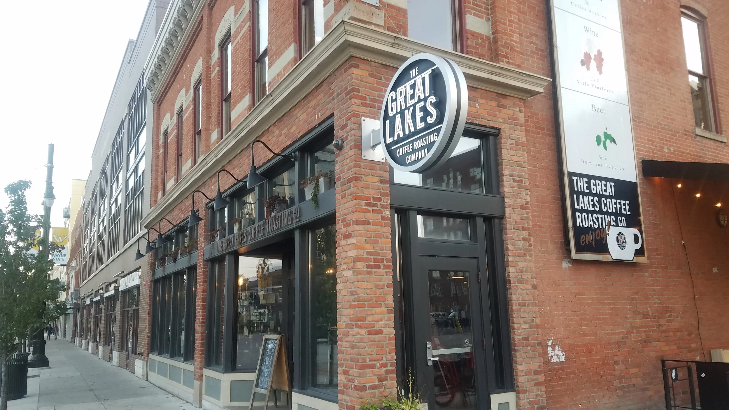 The Great Lakes Coffee Roasting Company stands stalwart at the corner of Woodward and W. Alexandrine in Detroit