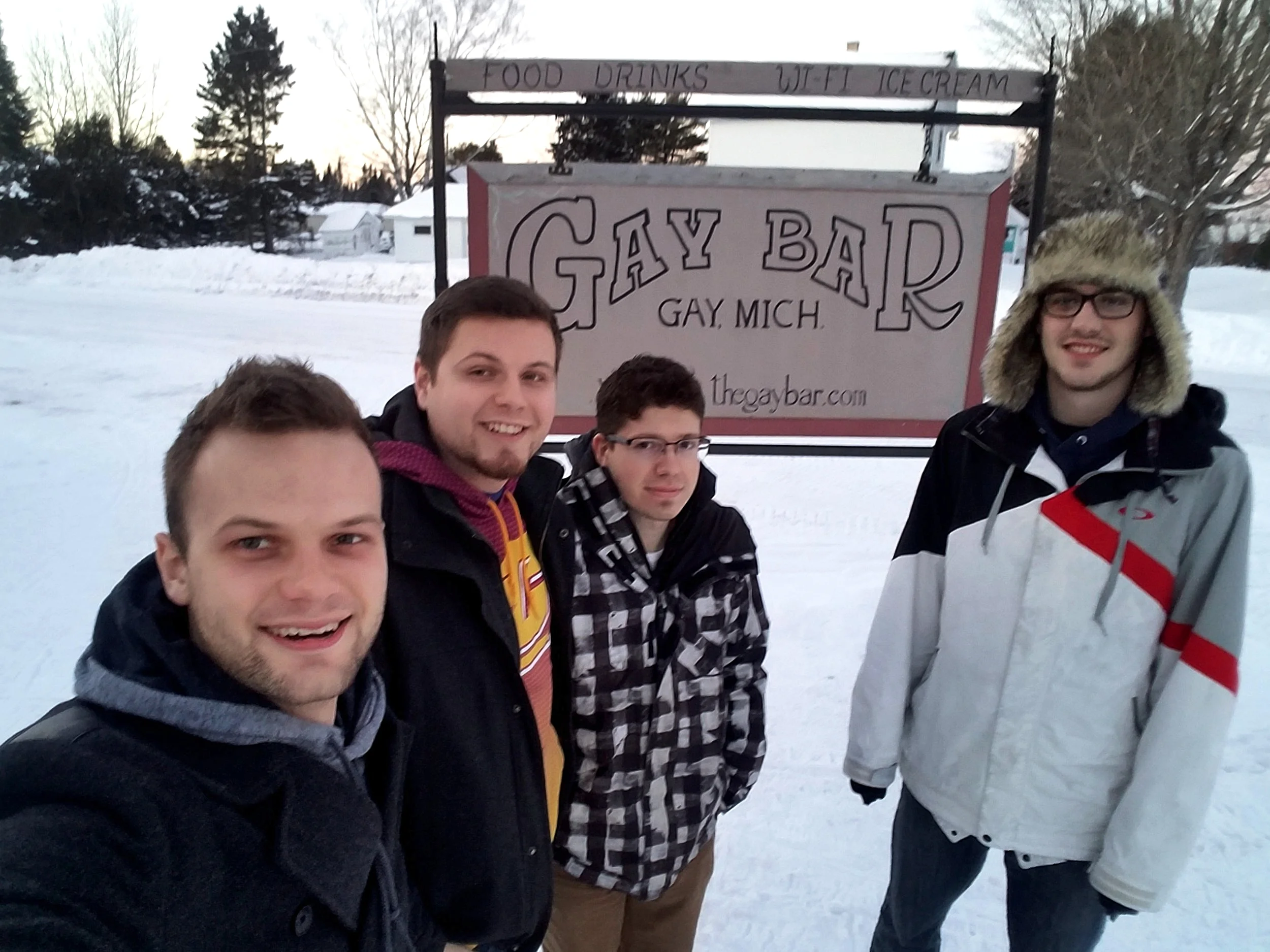Outside the Gay Bar, clearly full of merriment