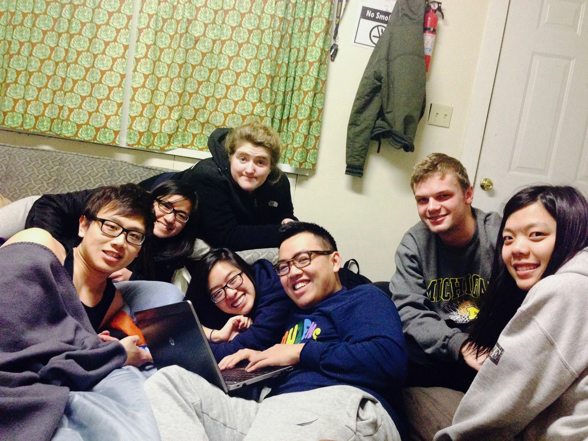 Inside the Don West Dorm, cabbage-esque flower curtains and all