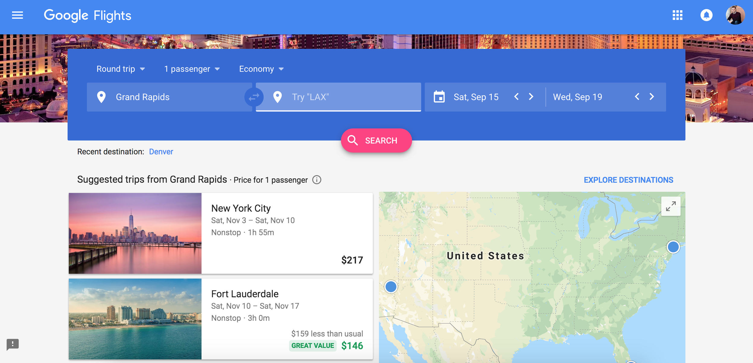 The Google Flights machine will often suggest cheaper trips for you based on your location