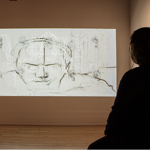 Metropolis/Mediator installed at Press/Play: A Survey of Recent Video Art (2015) exhibition, Albright Gallery, Lake Forest, Illinois.