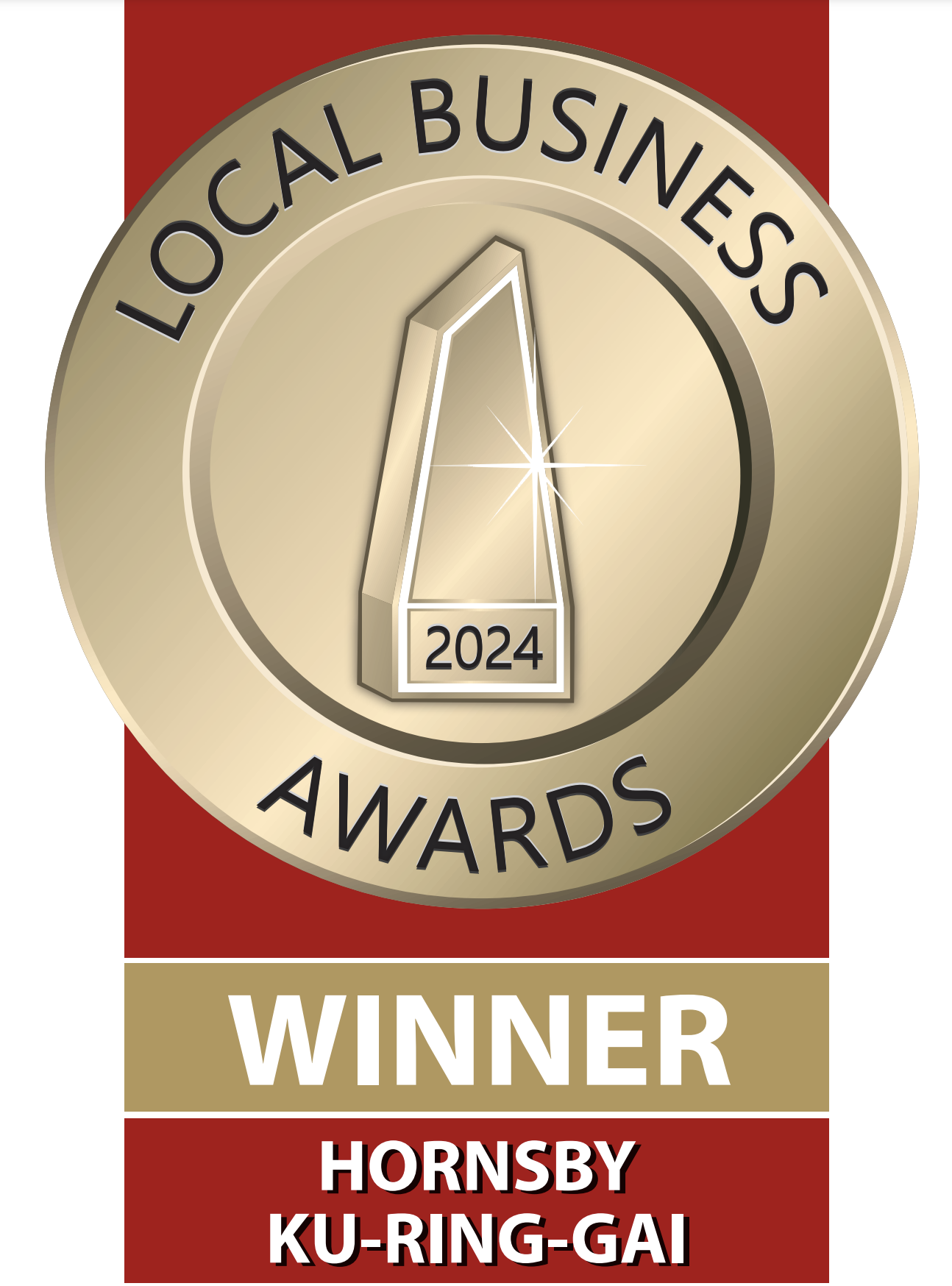 An award badge for Local Business Awards 2024, with a gold and black color scheme, featuring a stylized map of Alabama and the word 'WINNER', awarded to Hornsby Ku-Ring-Gai.