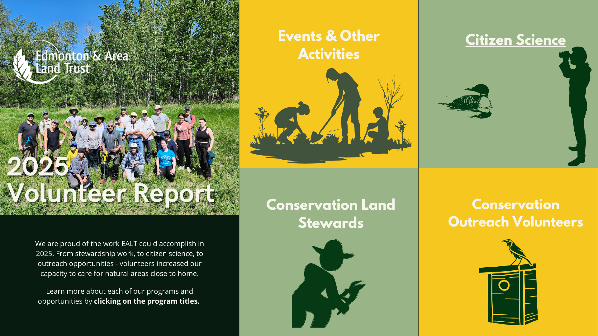 A cover page for EALT's volunteer report - with an introduction and 4 squares describing volunteer opportunities. Volunteer Events, Citizen Science, Conservation Land Stewards, and Conservation Outreach Volunteers.