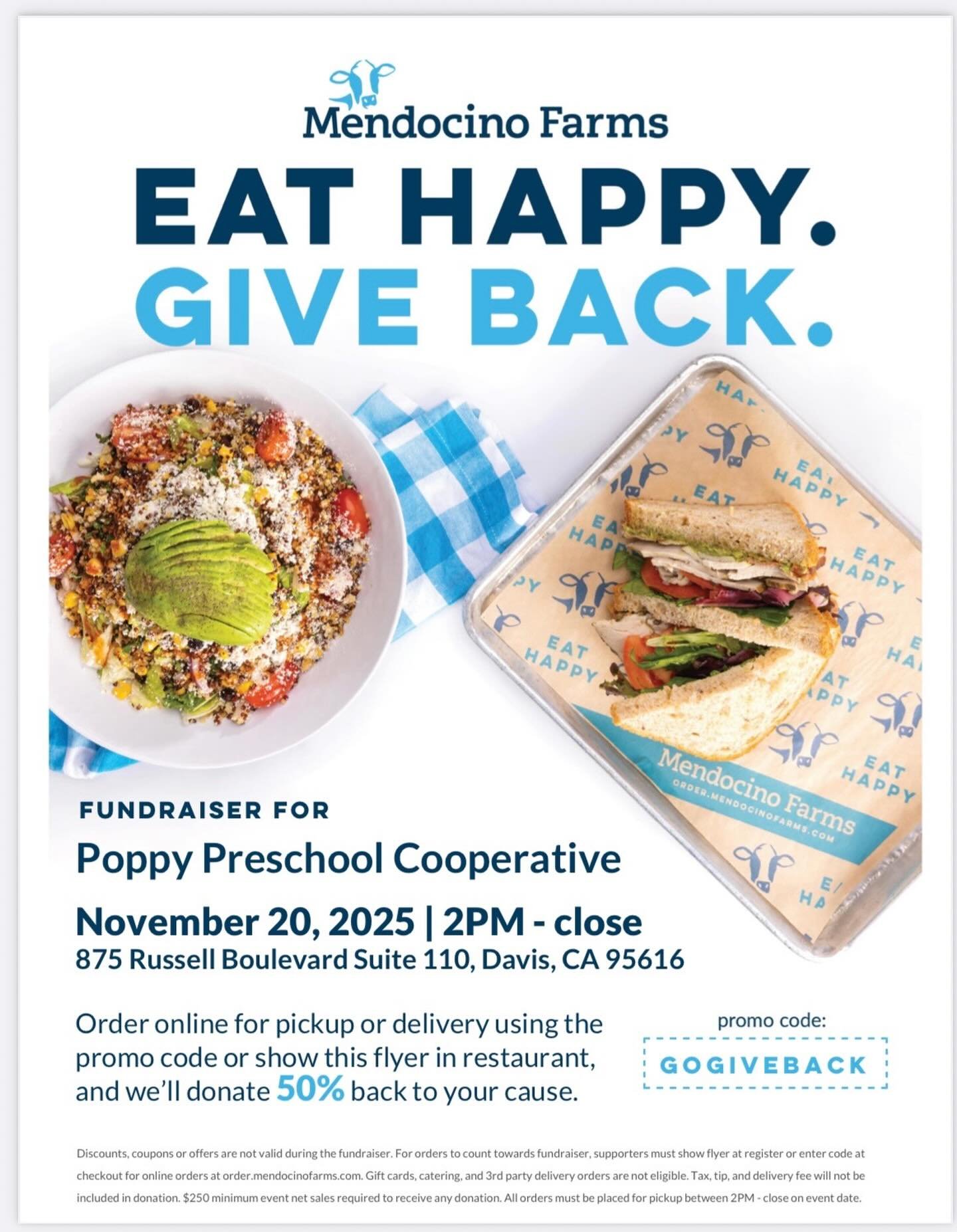 If you&rsquo;re meal prepping today, be sure to mark Thursday as a no cook day! Enjoy Mendocino Farms in Davis and give back to our Preschool!! 🥗 🥪