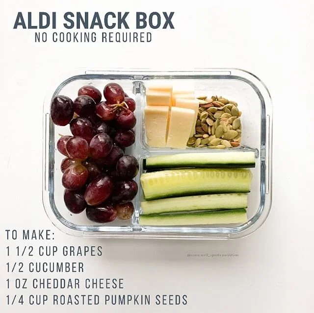 Are you looking for a filling and delicious snack, zero cooking required?

This snack box checks all of the boxes (pun intended):
✔️Filling
✔️Delicious
✔️Nutrient-dense
✔️Portable

Check out this and other snack combos from @aldiusa in my free Aldi S