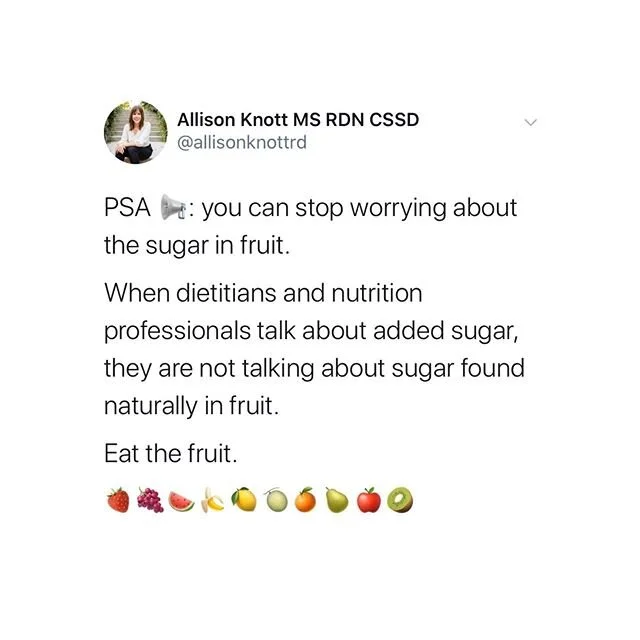 Let&rsquo;s talk sugar. ⤵️
.
Many dietitians and nutrition pros talk about added sugar intake and the need to limit it. This message is often confused with sugar found naturally in foods such as fruit (and others like dairy). This confusion leads to 