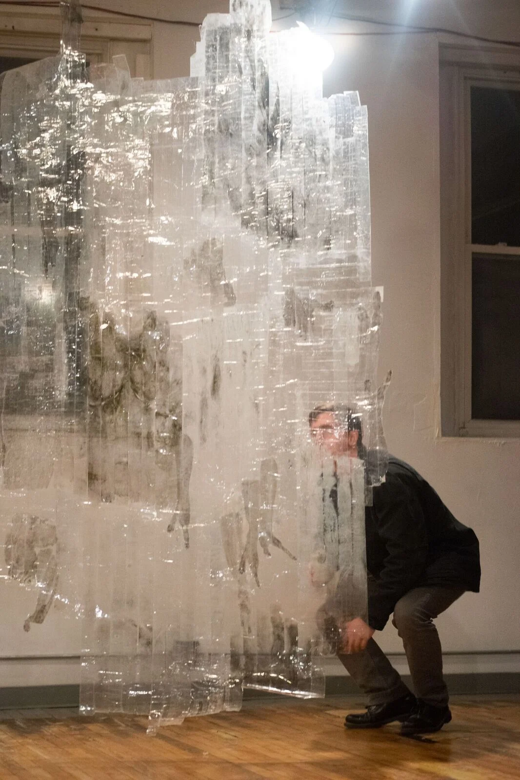 Obstructions , Monica Seldow's sculpture of tape, ink and skin, Dan Finn viewing