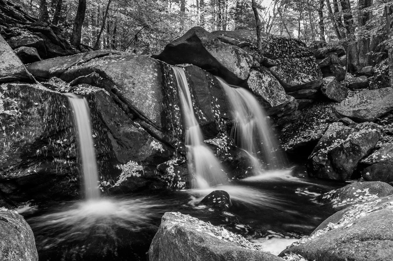 "Triple Falls" Black and White Landscape Photograph B & W of waterfall in Willard Brook State Forest, Ashby, Massachusetts